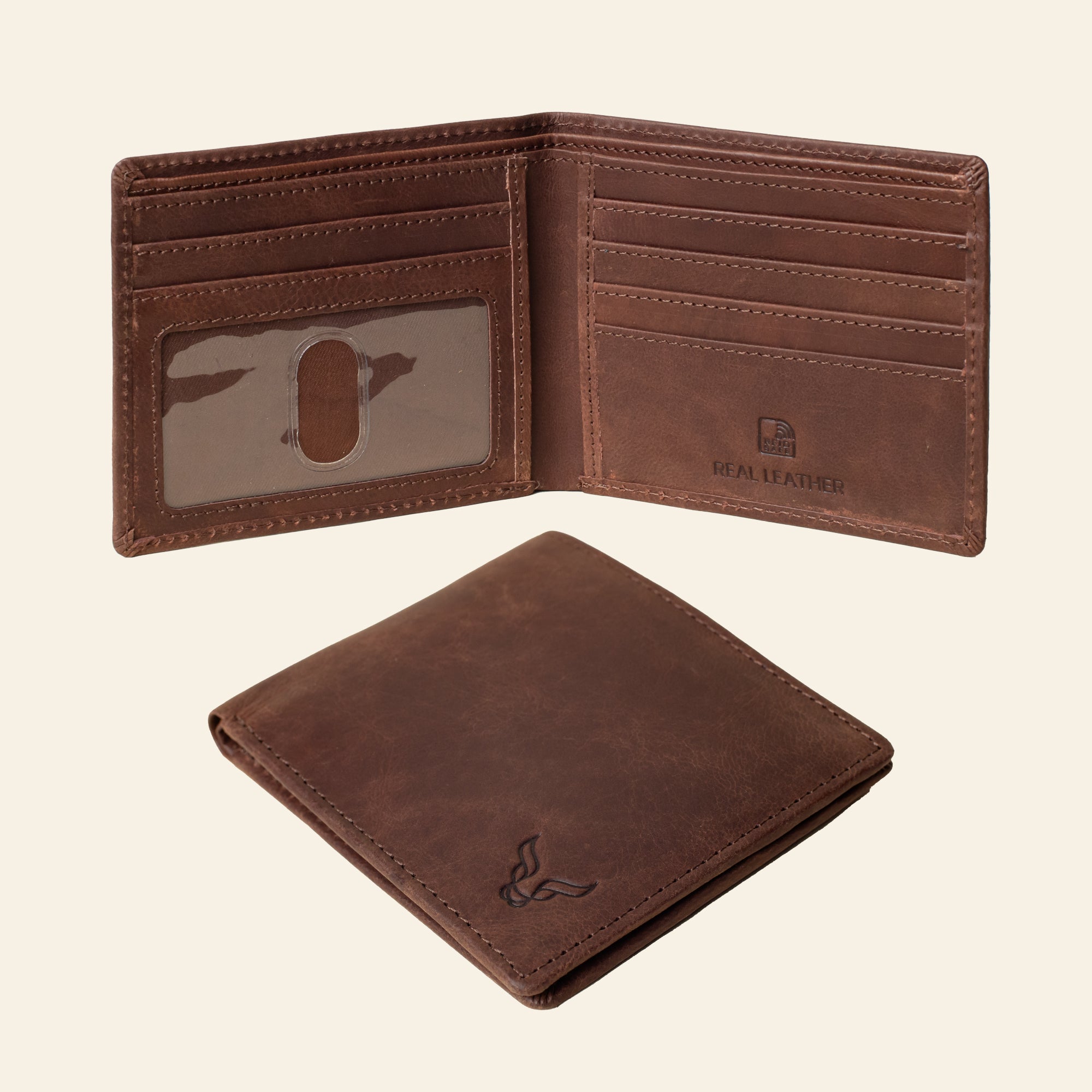 'JACK' Brown Real Leather Men's RFID Slim Bifold Wallet