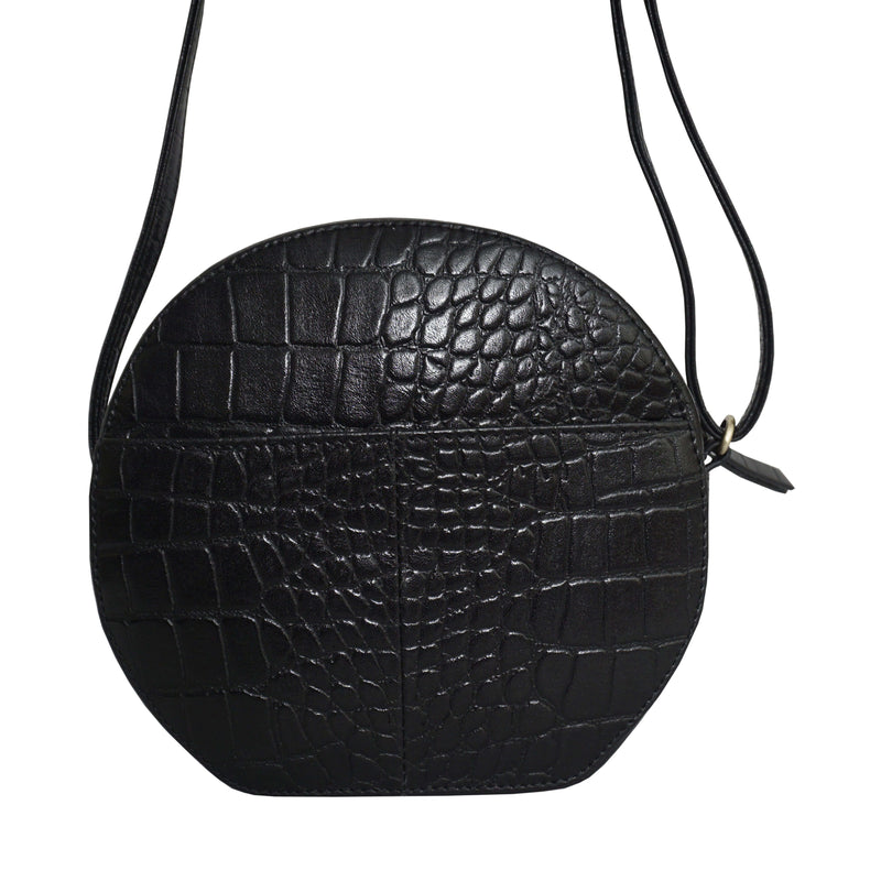 'Jane' Black Croc Leather Round Designer Crossbody Bag