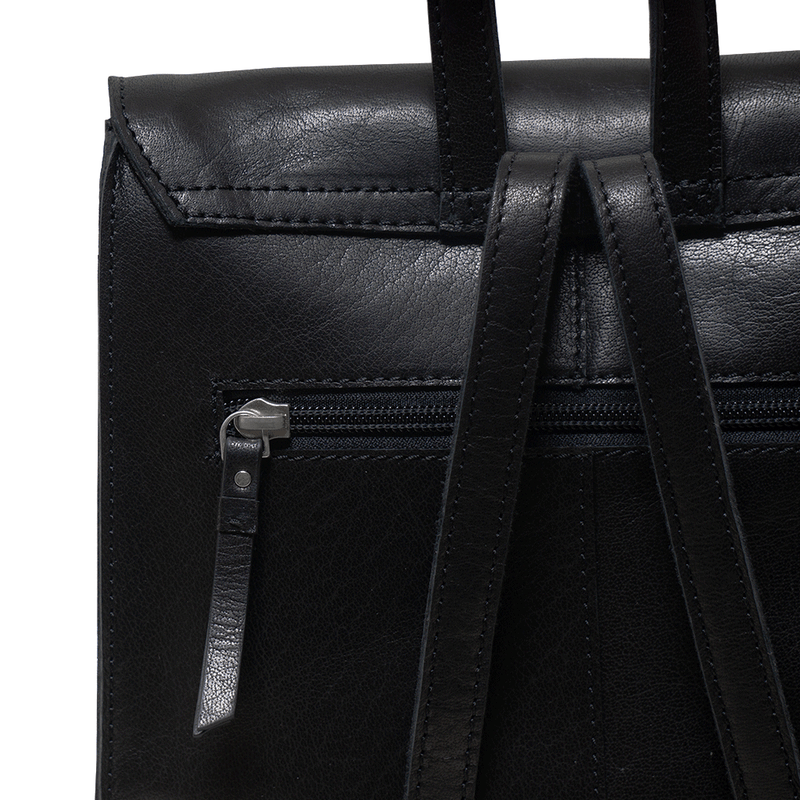 'MARGARET' Black Natural Grain Polished Leather Flap Over Backpack