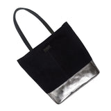 'PAIGE' Black Real Leather + Pewter Metallic Leather Tote Bag