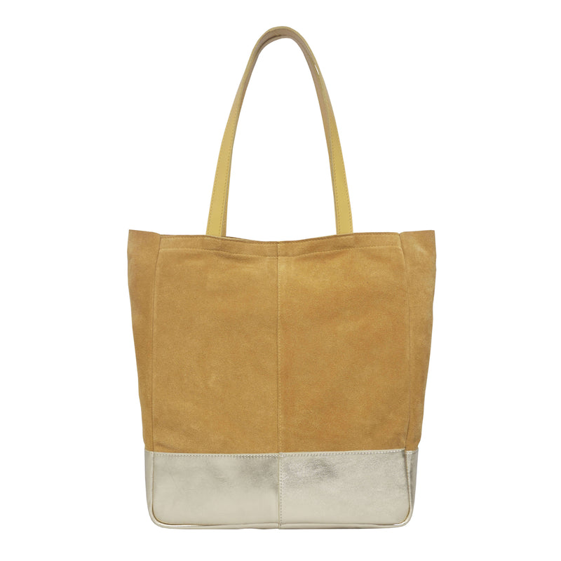 'PAIGE' Mustard Real Leather + Yellow Gold Metallic Leather Tote Bag