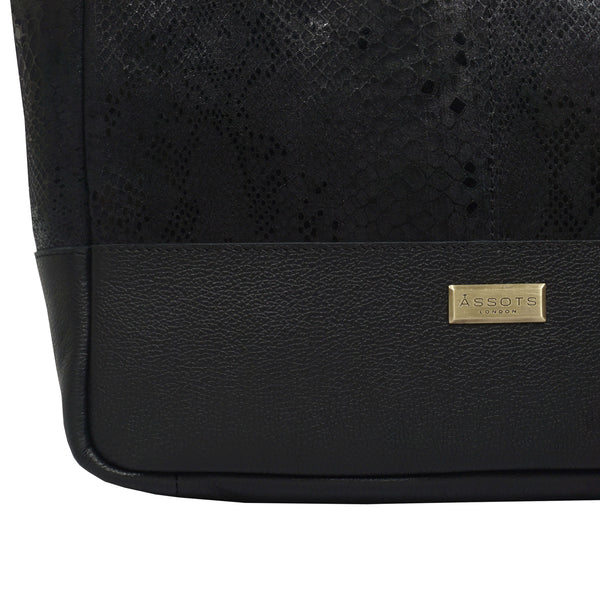 'PENNY' Black Python Snake Print Real Leather Tote Bag