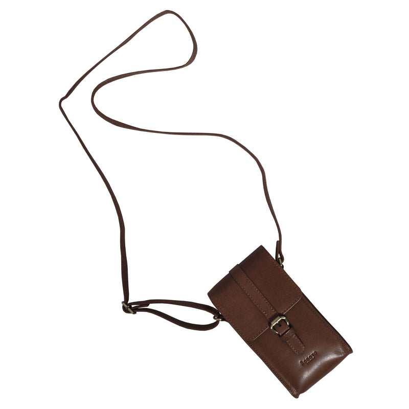 'PETRA' Brown Polished VT Real Leather Mobile Phone Crossbody Bag