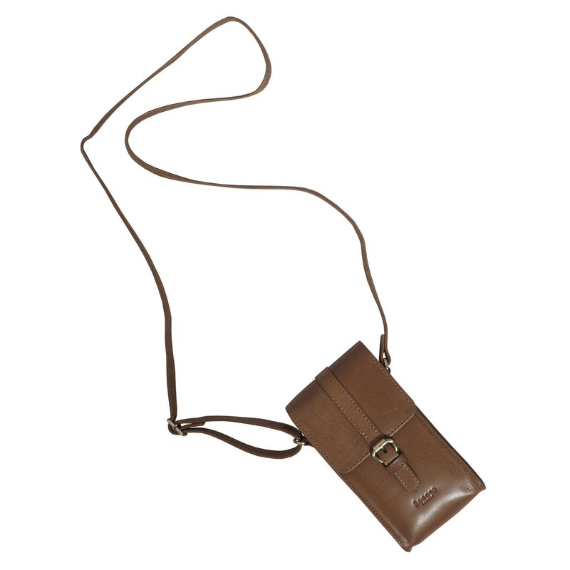 'PETRA' Tan Polished VT Real Leather Mobile Phone Crossbody Bag