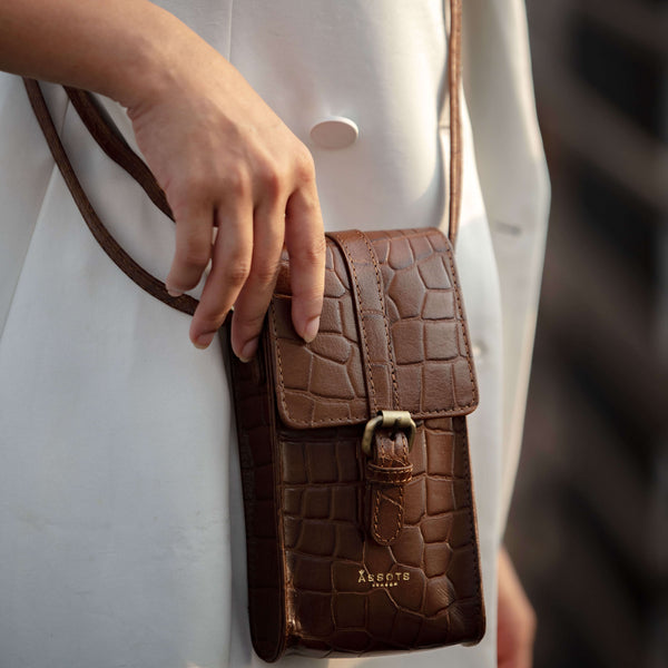 'PETRA' Tan Croc Real Leather Mobile Phone Crossbody Bag