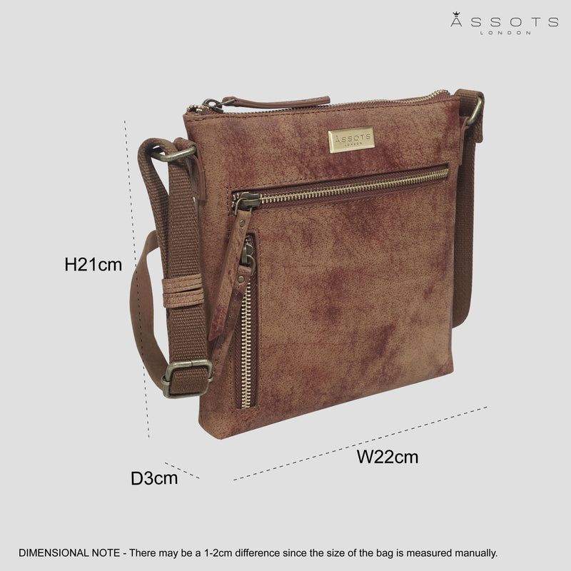 'RUE' Distressed Tan Real Leather Crossbody Bag