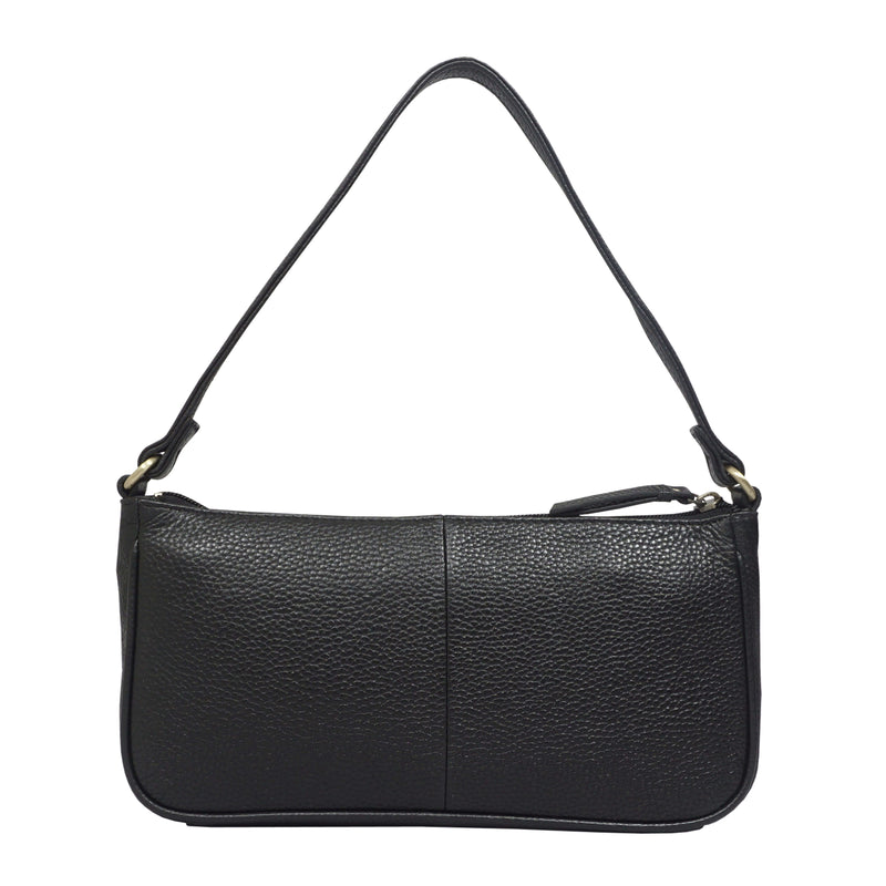 'ZARA' Black Soft Pebble Grain Real Leather Baguette Shoulder Bag
