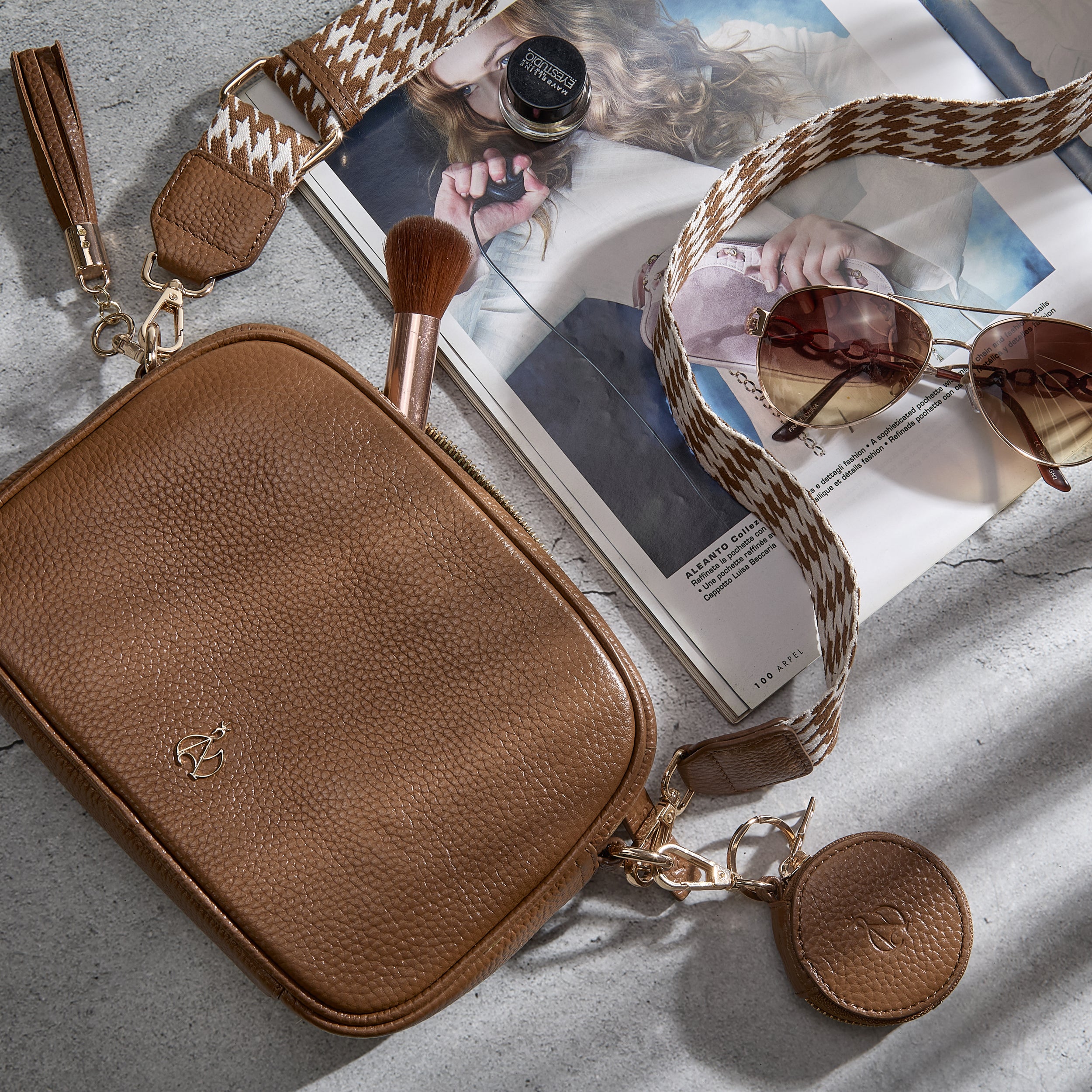 'KENT' Tan Pebble Grain Real Leather Crossbody Bag