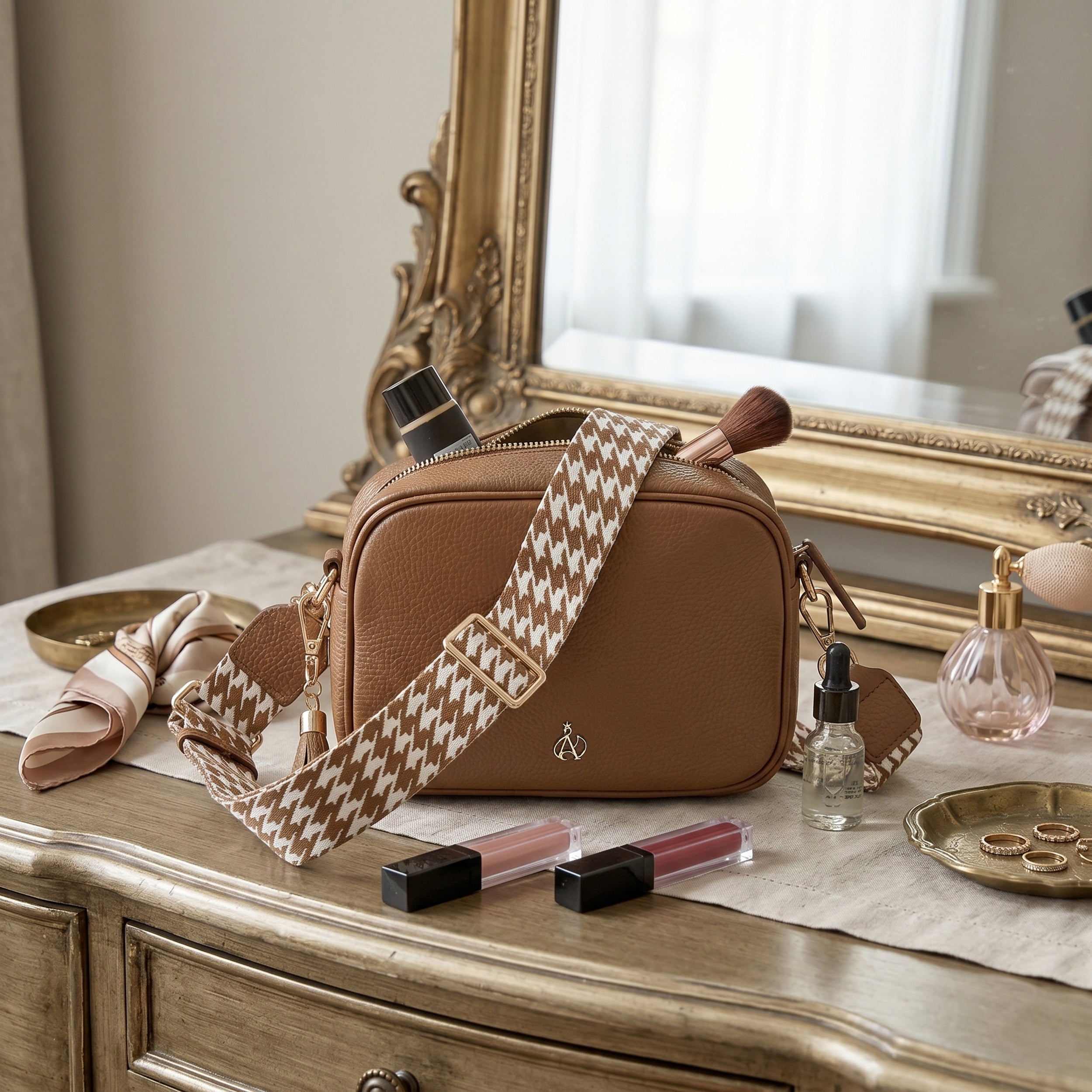 'KENT' Tan Pebble Grain Real Leather Crossbody Bag