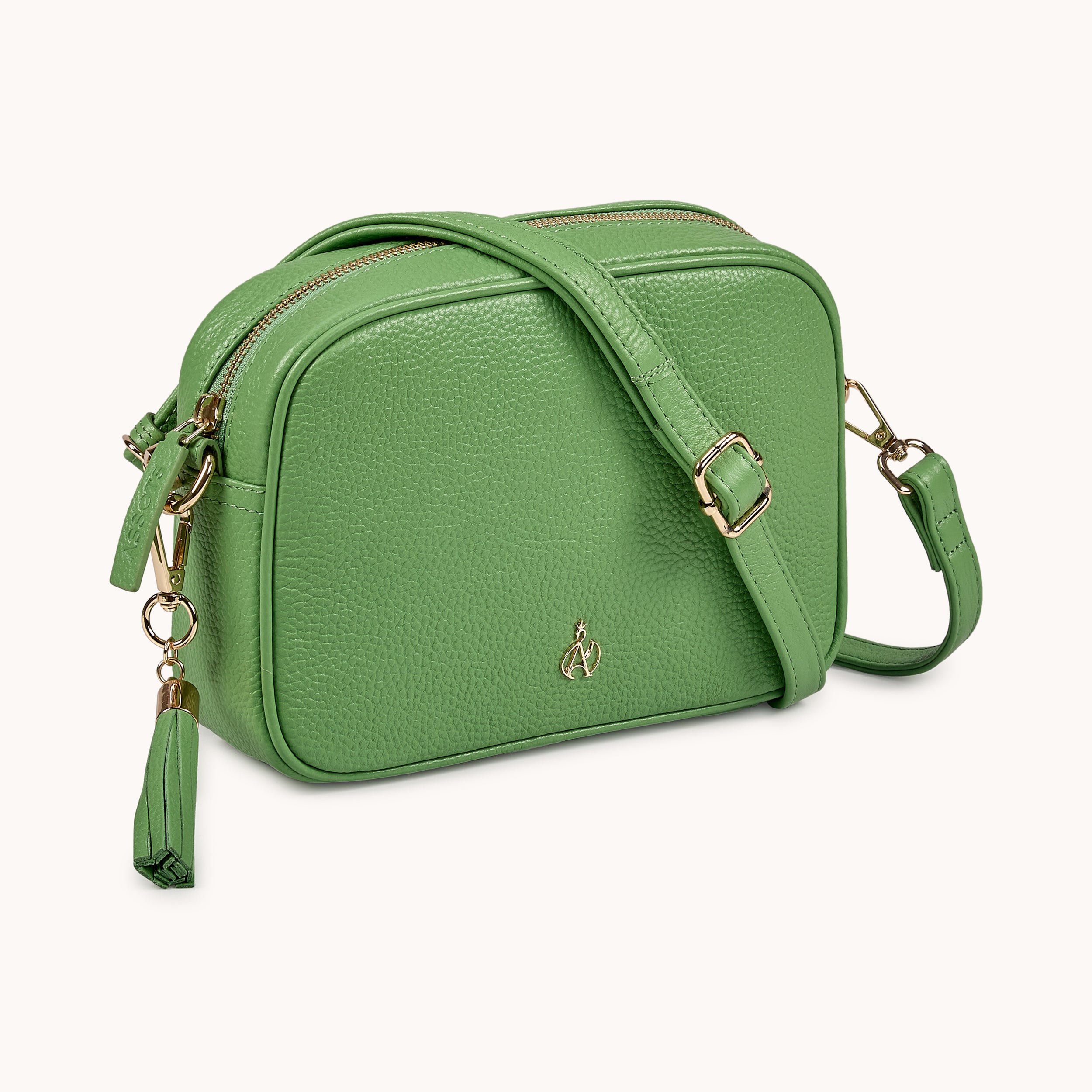 'KENT' Matcha Green Pebble Grain Real Leather Crossbody Bag