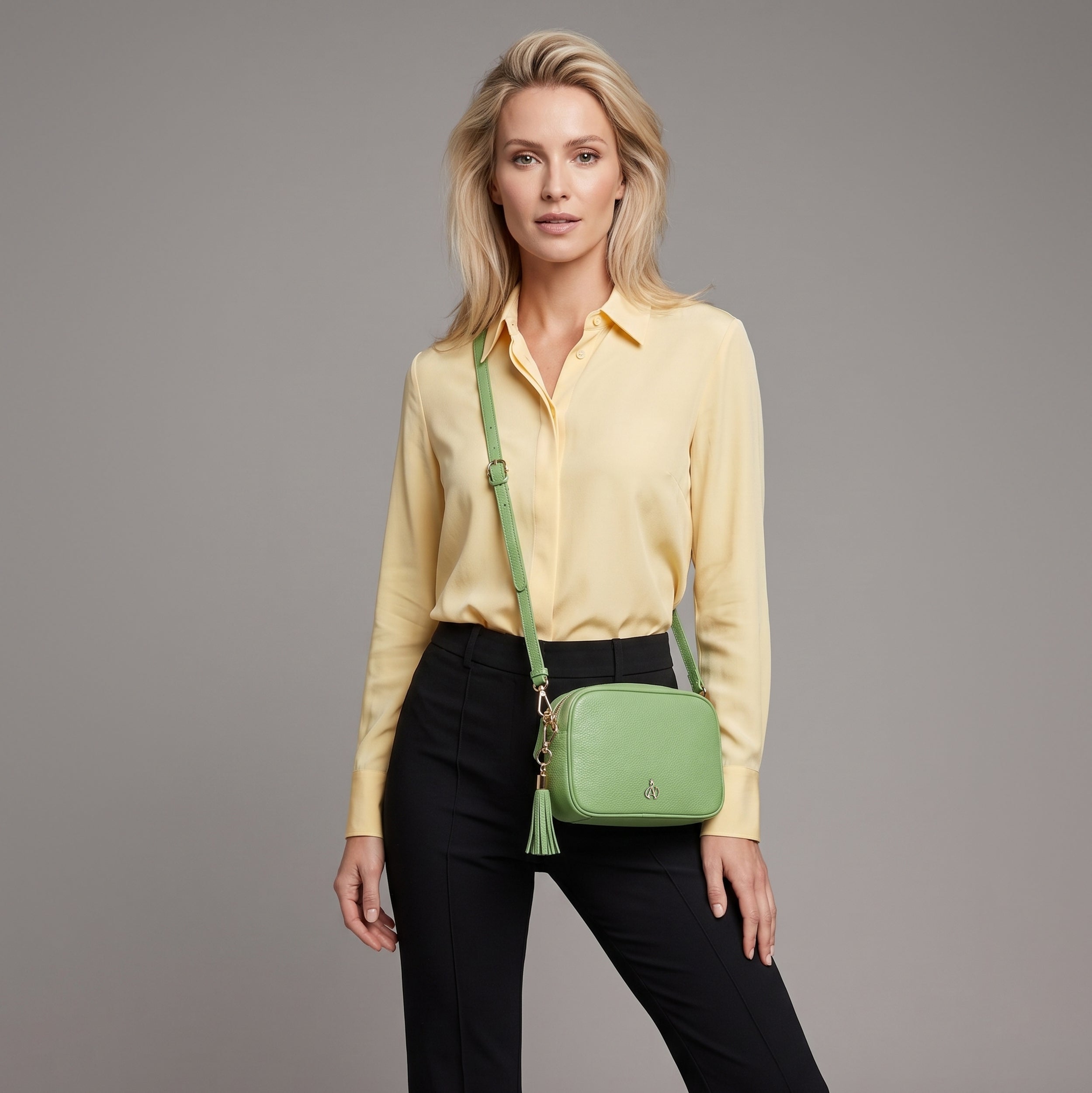 'KENT' Matcha Green Pebble Grain Real Leather Crossbody Bag