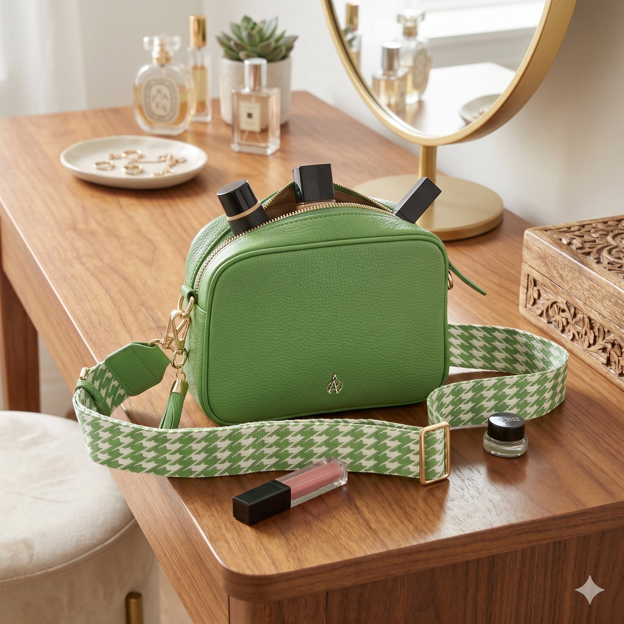 'KENT' Matcha Green Pebble Grain Real Leather Crossbody Bag