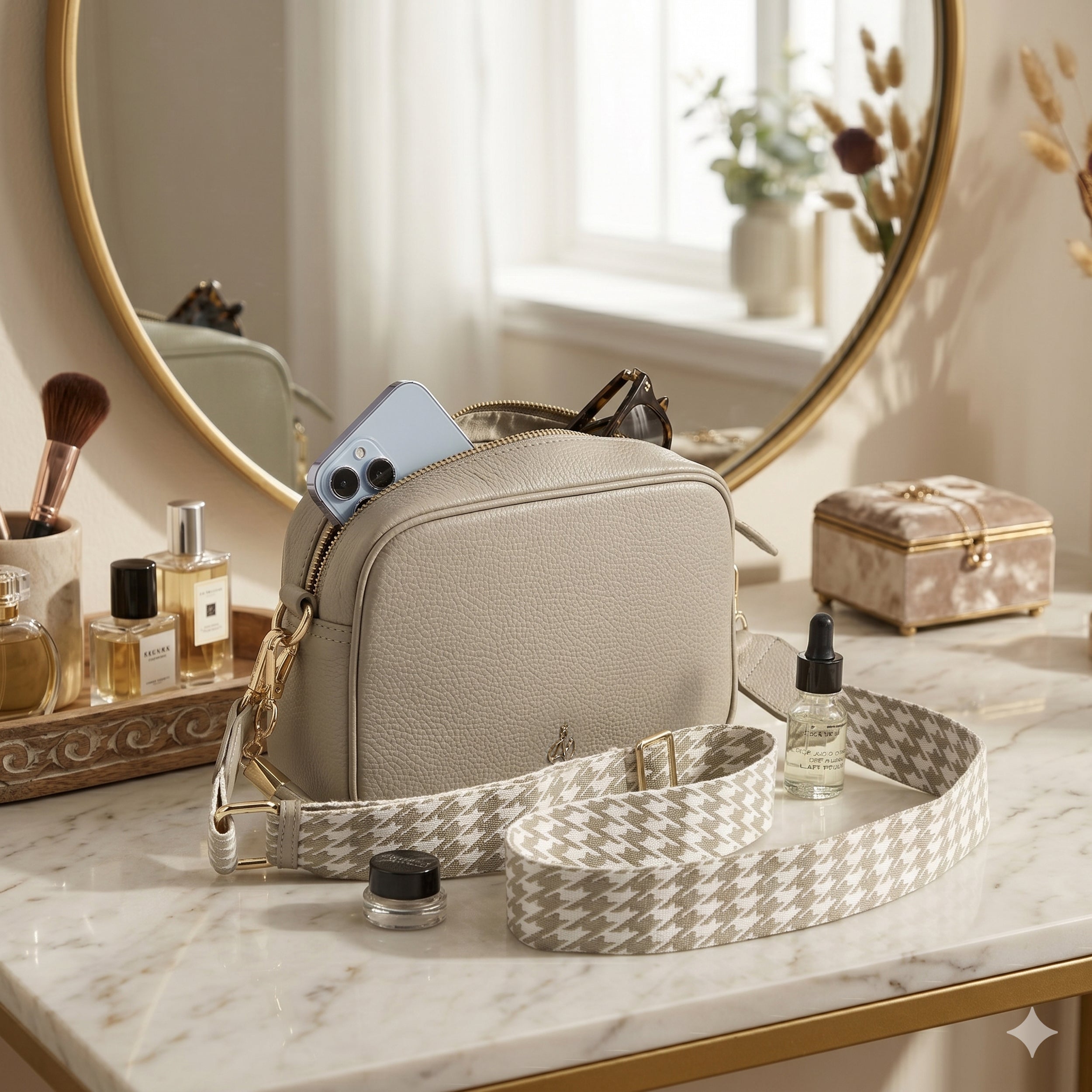 'KENT' Fog Grey Pebble Grain Real Leather Crossbody Bag