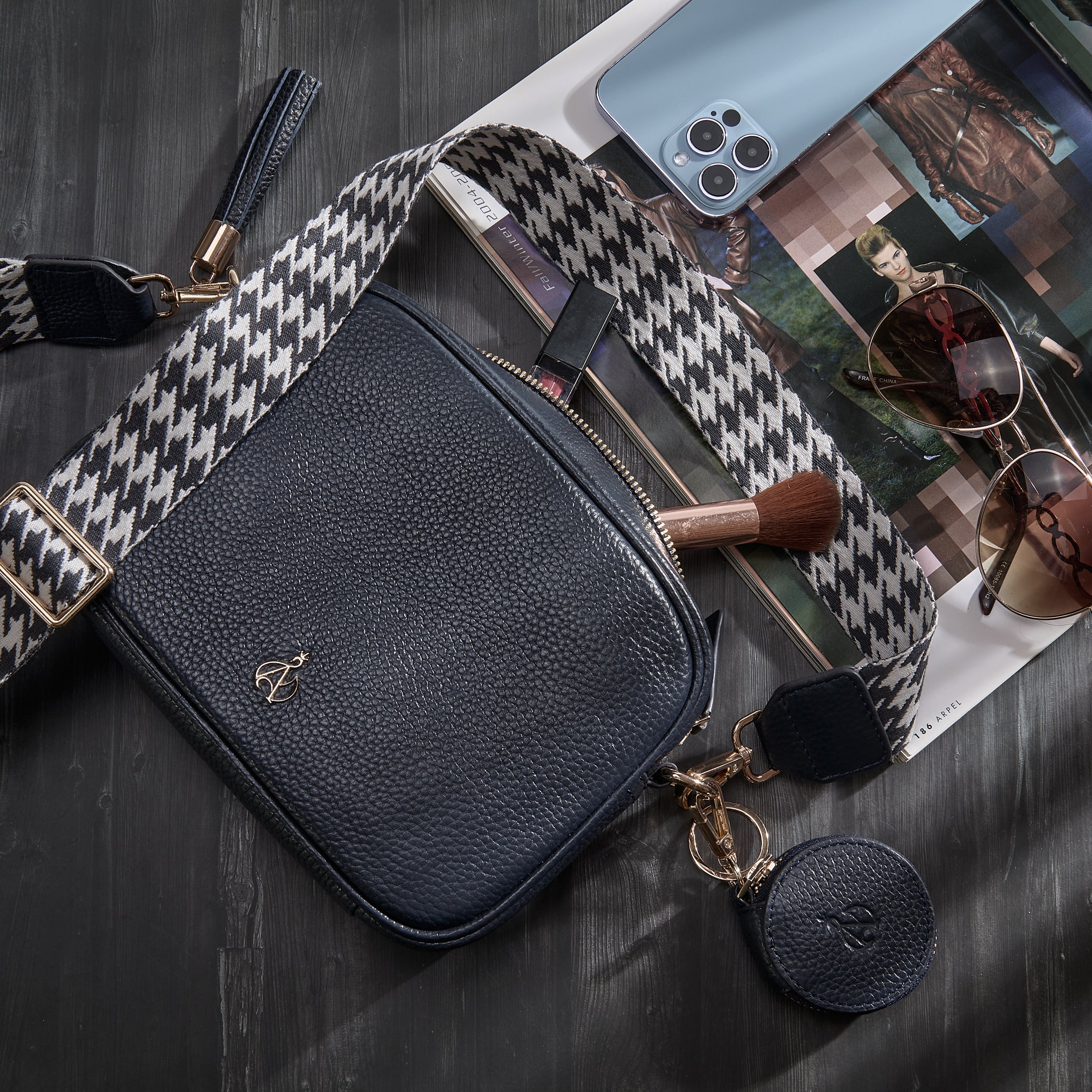 'KENT' Navy Pebble Grain Real Leather Crossbody Bag