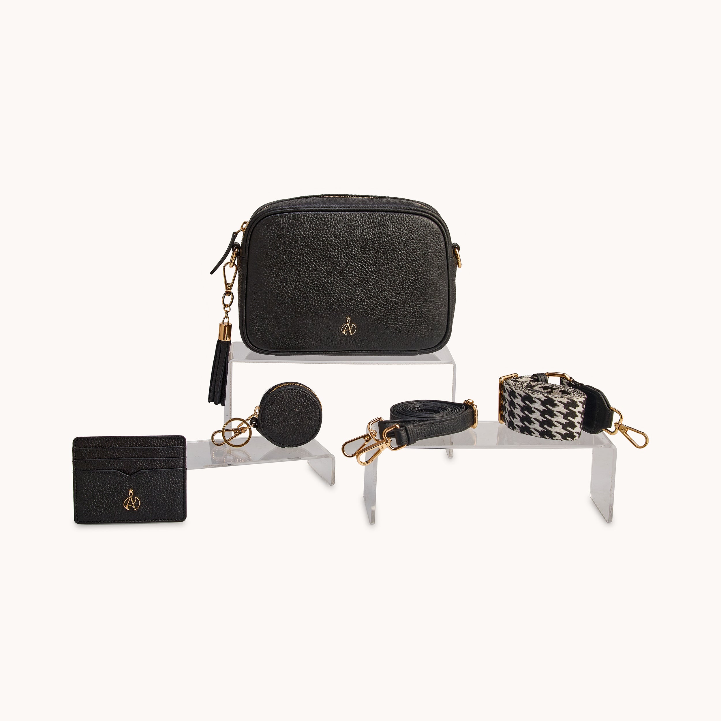 'KENT' Black Pebble Grain Real Leather Crossbody Bag