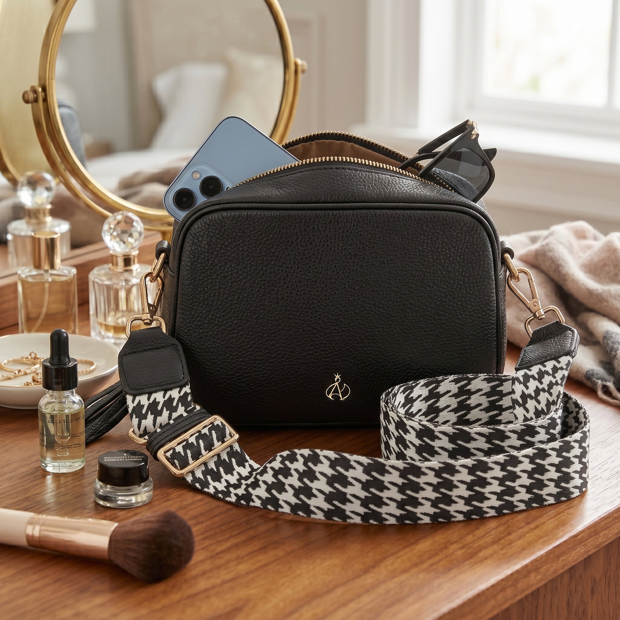 KENT' Black Pebble Grain Real Leather Crossbody Bag with Tassel