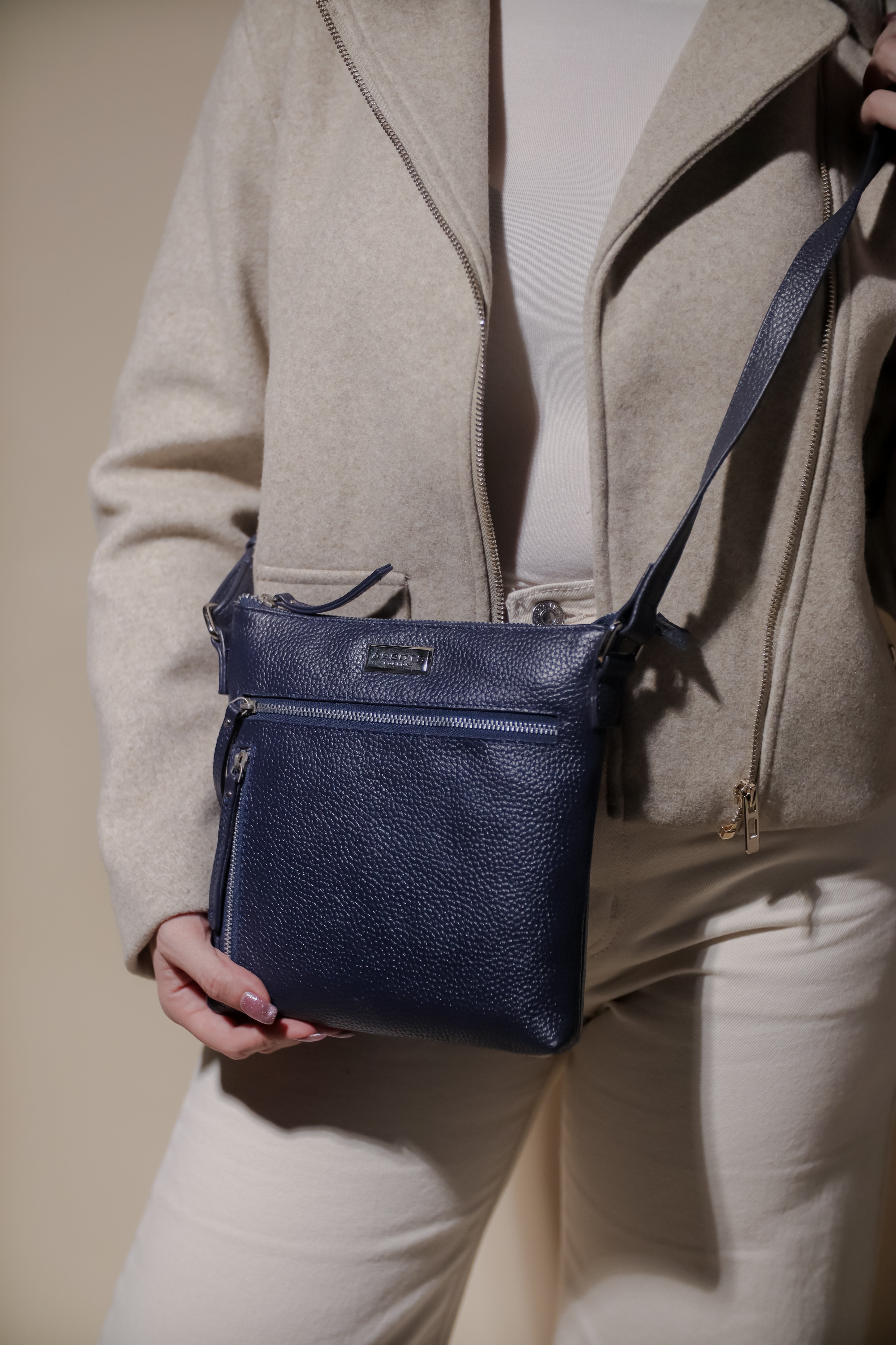 'RUE' Navy Pebble Grain Real Leather Crossbody Bag
