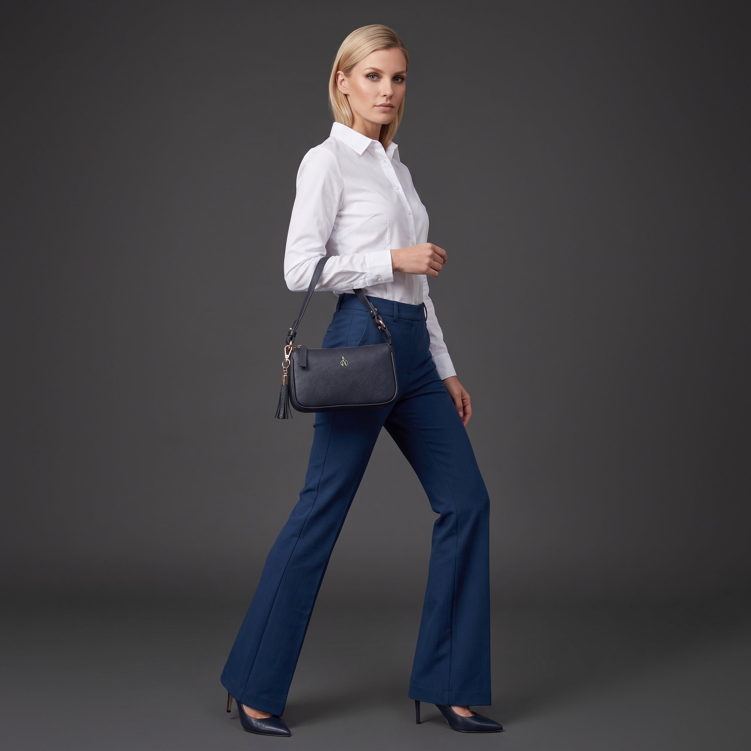 'ROSE' Navy Pebble Grain Real Leather Shoulder Bag