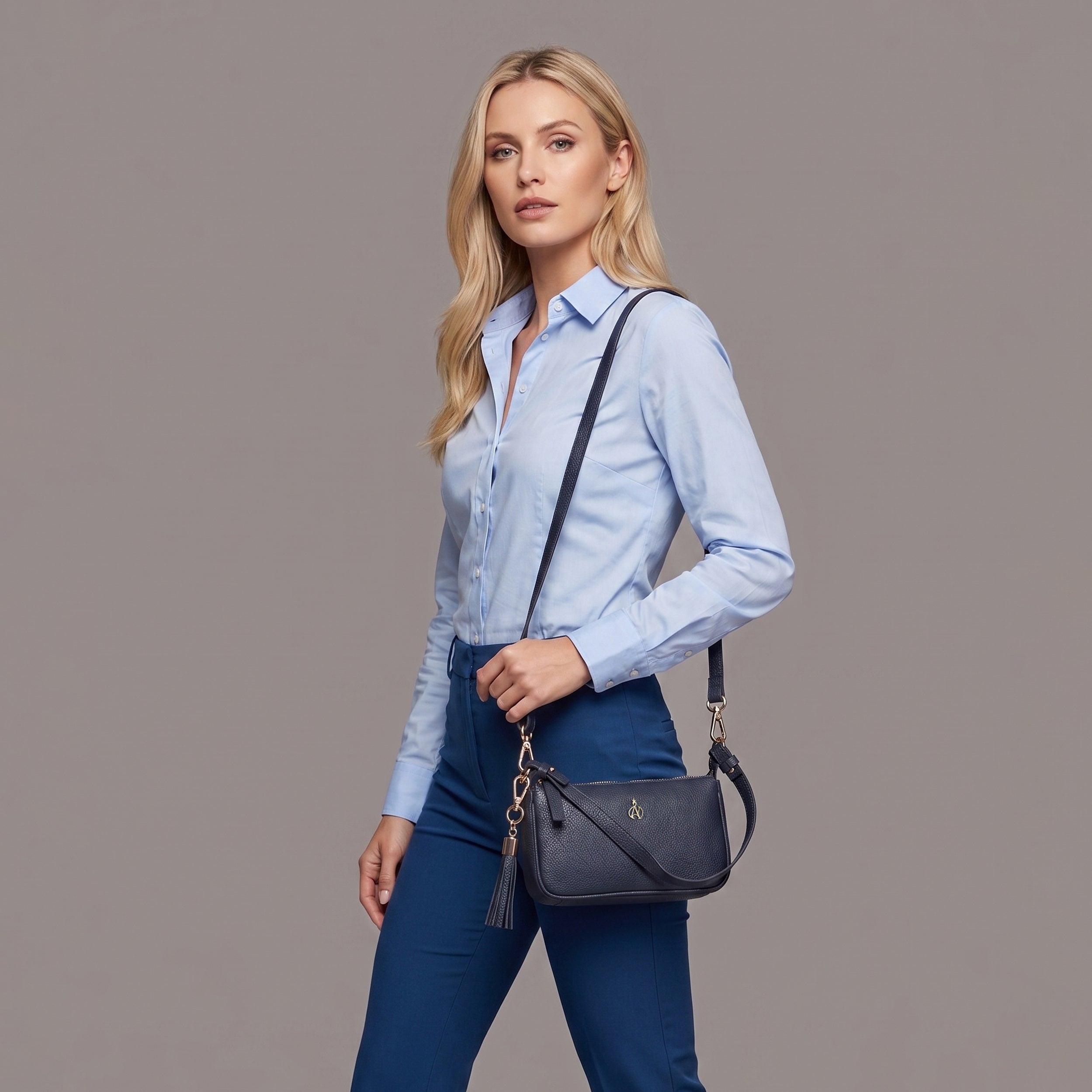 'ROSE' Navy Pebble Grain Real Leather Shoulder Bag