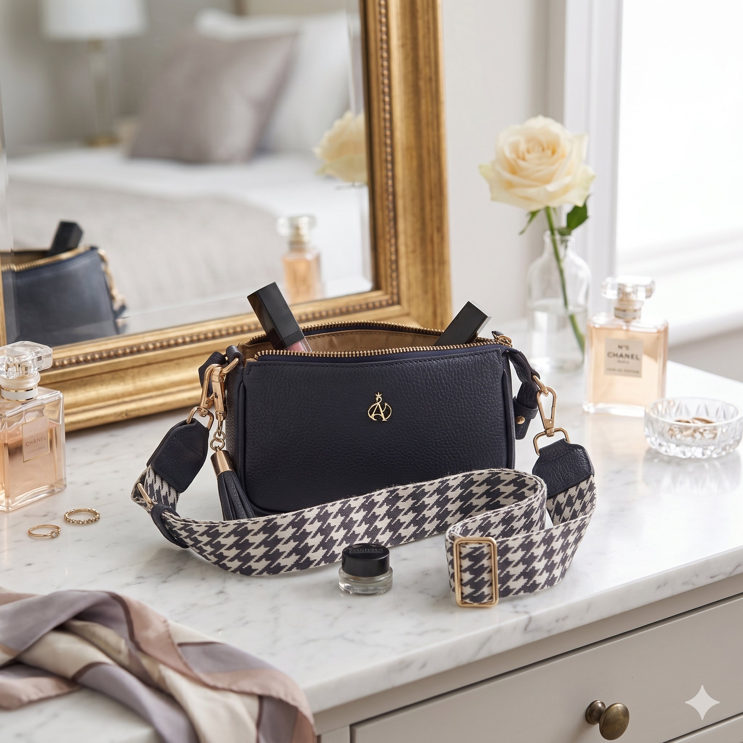 'ROSE' Navy Pebble Grain Real Leather Shoulder Bag