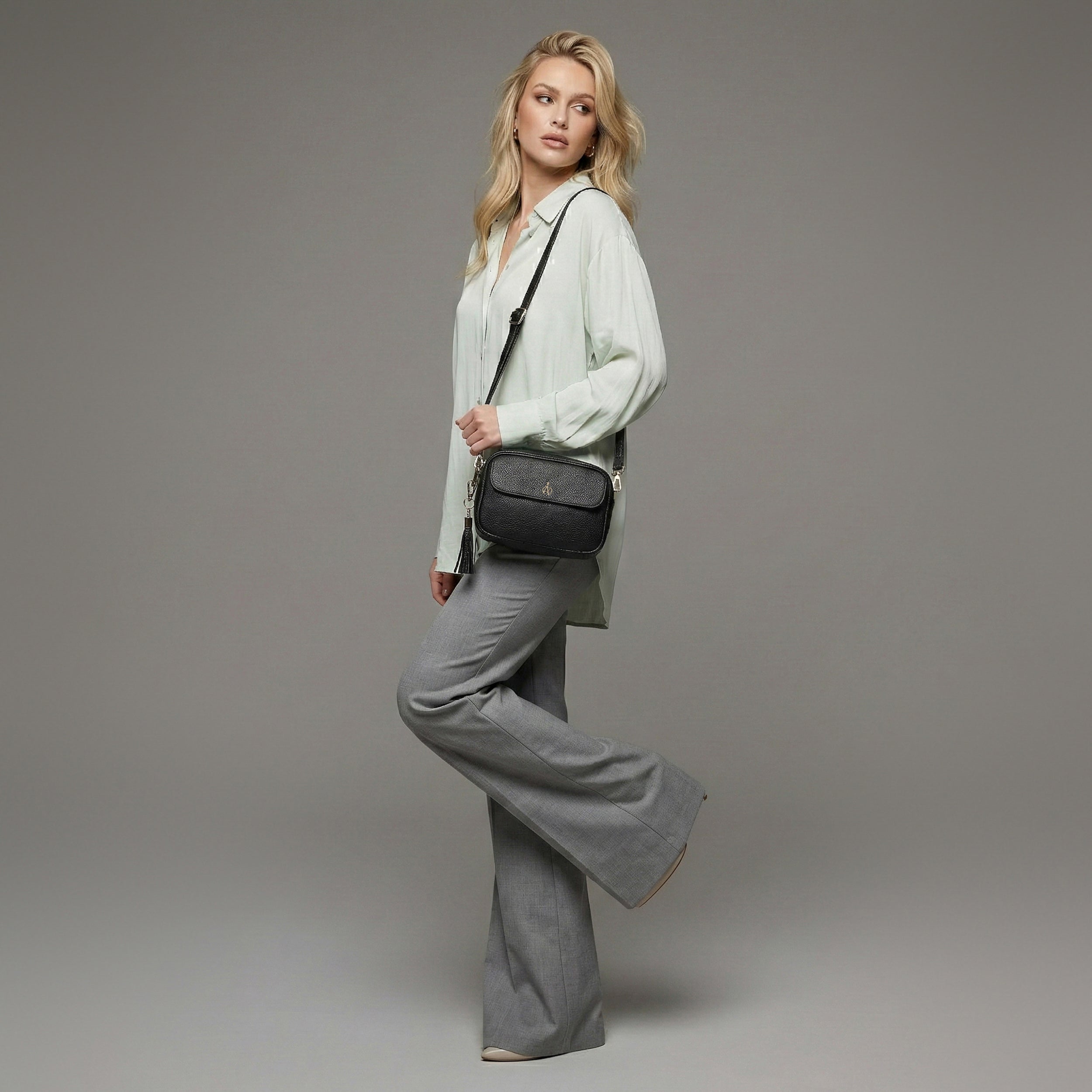 'HACKNEY' Black Pebble Grain Real Leather Crossbody Bag