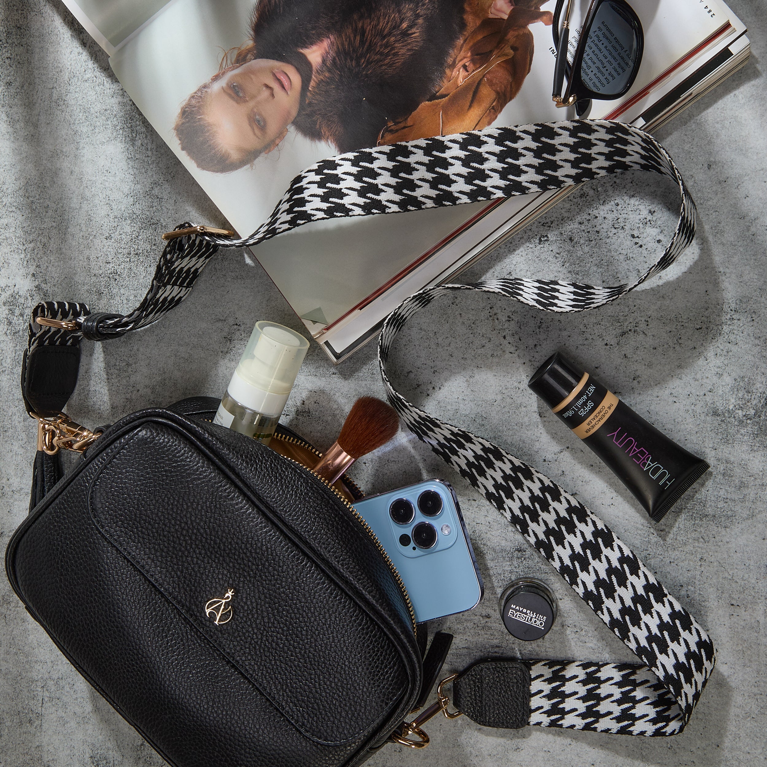 'HACKNEY' Black Pebble Grain Real Leather Crossbody Bag