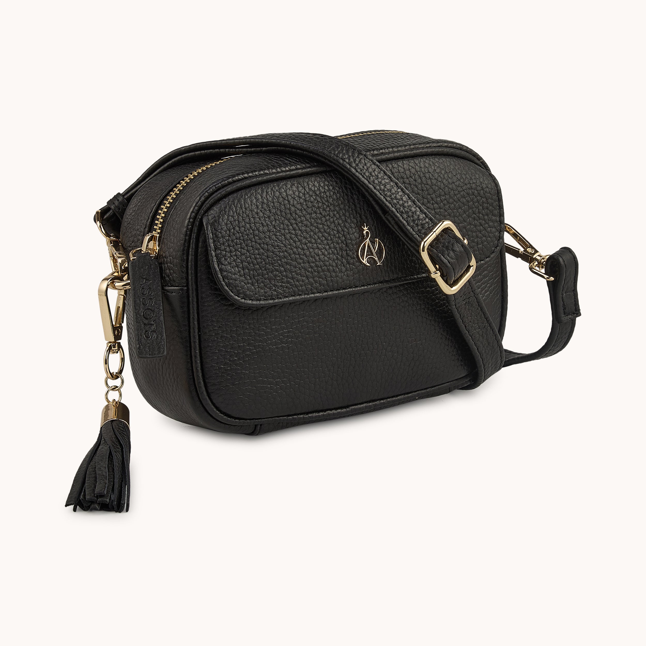 'HACKNEY MINI' Black Pebble Grain Real Leather Crossbody Bag