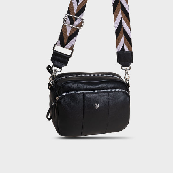 'KEW' Black Soft Nappa Full Grain Real Leather Crossbody Bag