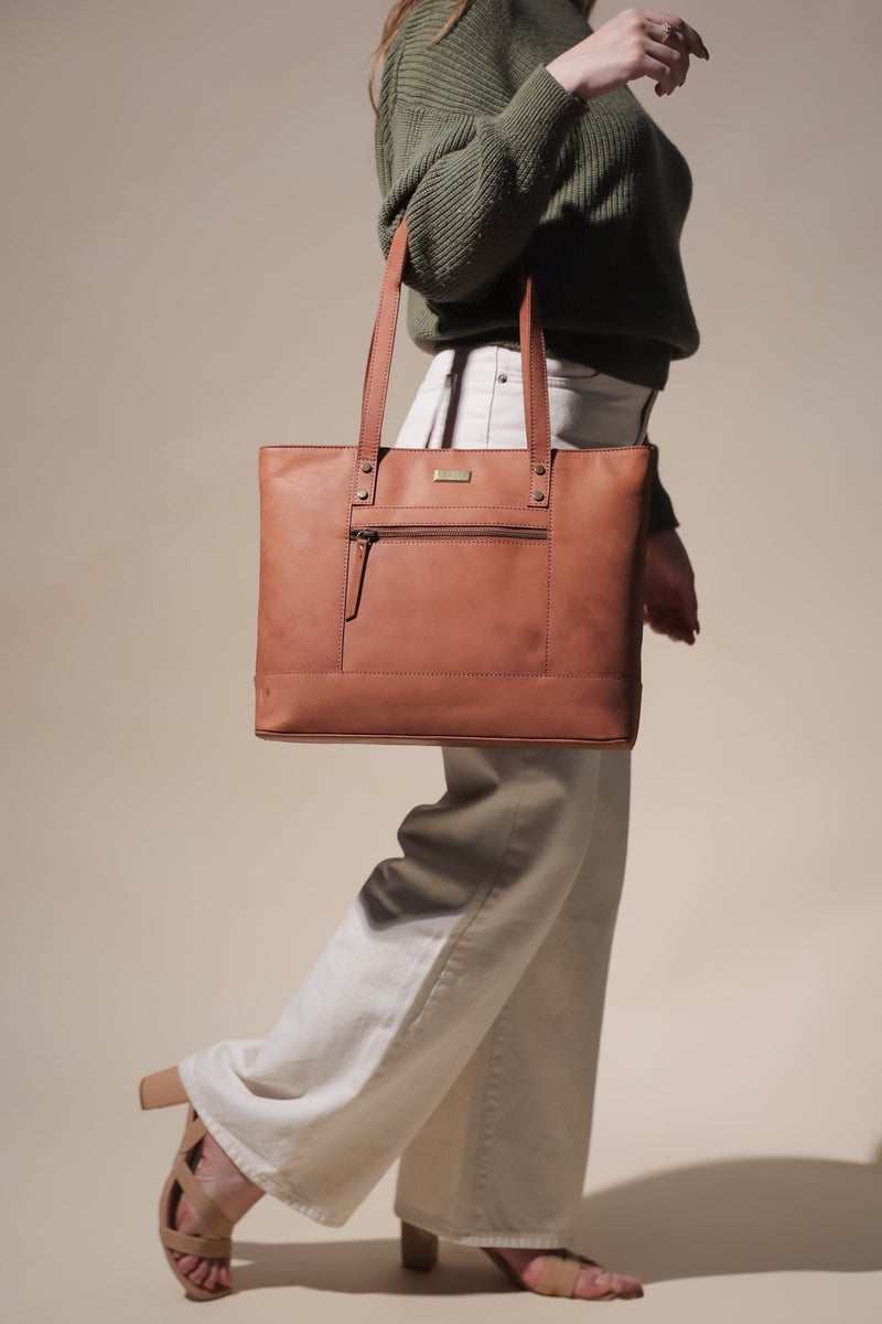 'MILLIE' Tan Walnut Real Leather Designer Tote Work Bag