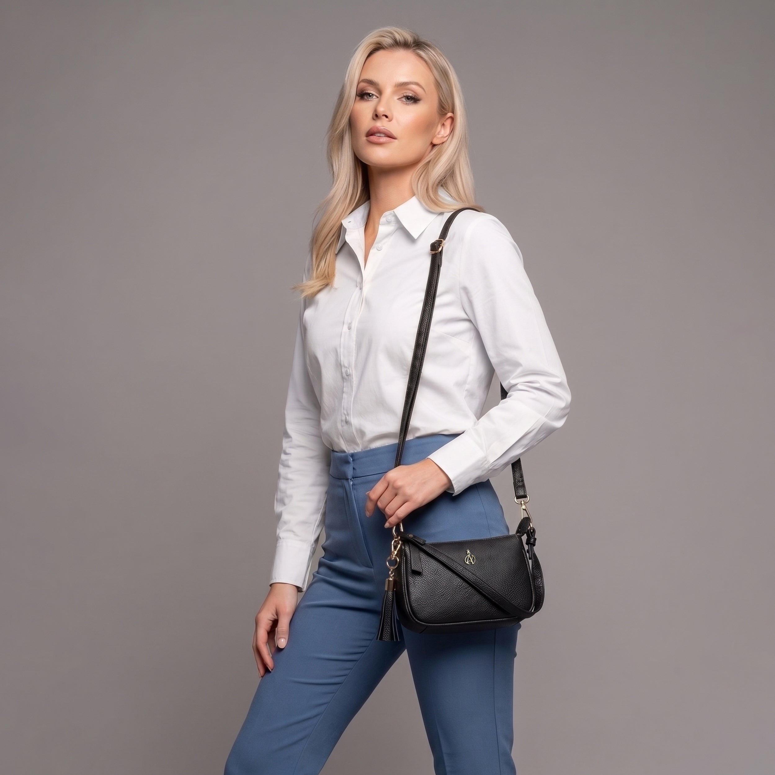 'ROSE' Black Pebble Grain Real Leather Shoulder Bag