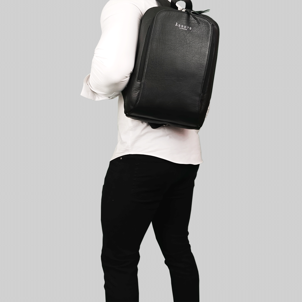 'BAKER' Black Full Grain Leather Double Zip Laptop Backpack