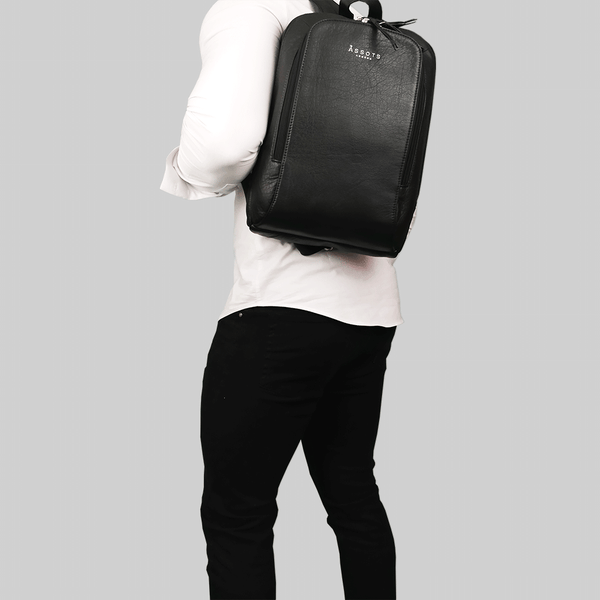 'BAKER' Black Full Grain Leather Double Zip Laptop Backpack