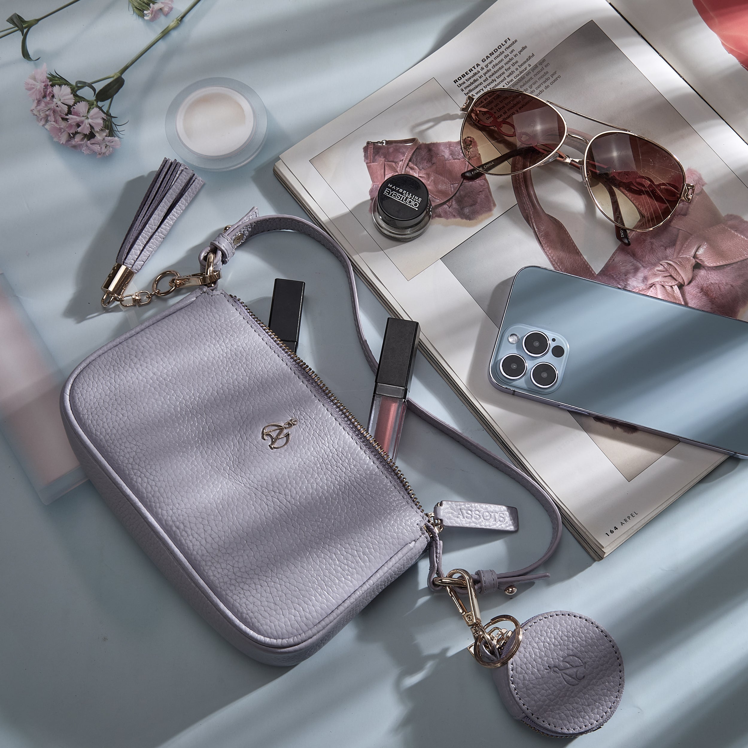 'ROSE' Lilac Pebble Grain Real Leather Shoulder Bag