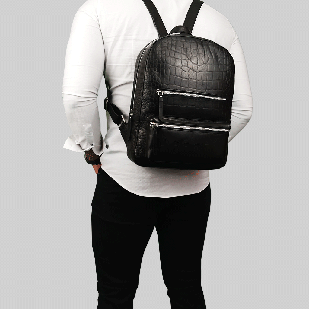 'OSCAR' Black Full Grain Croc Leather Laptop Backpack