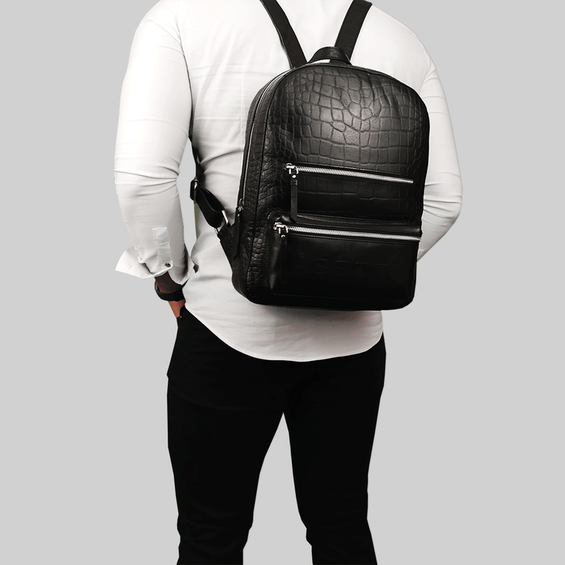 'OSCAR' Black Full Grain Croc Leather Laptop Backpack