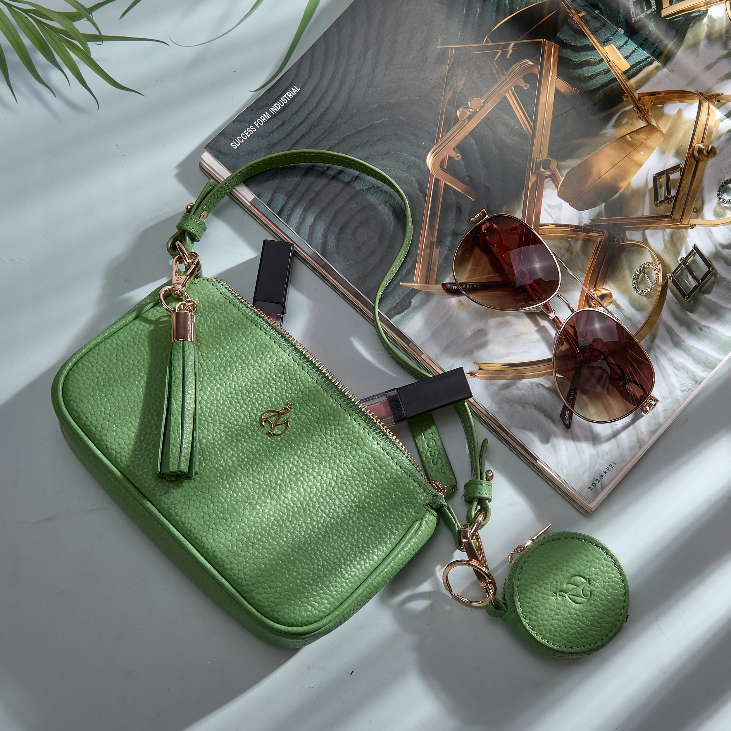 'ROSE' Matcha Green Pebble Grain Real Leather Shoulder Bag