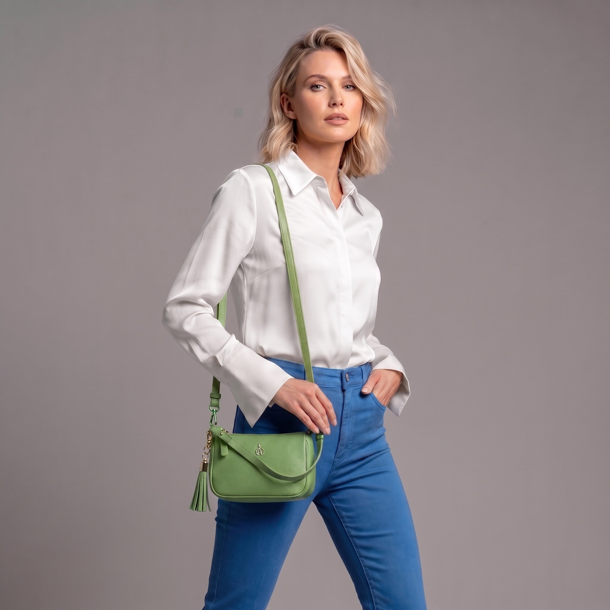 'ROSE' Matcha Green Pebble Grain Real Leather Shoulder Bag