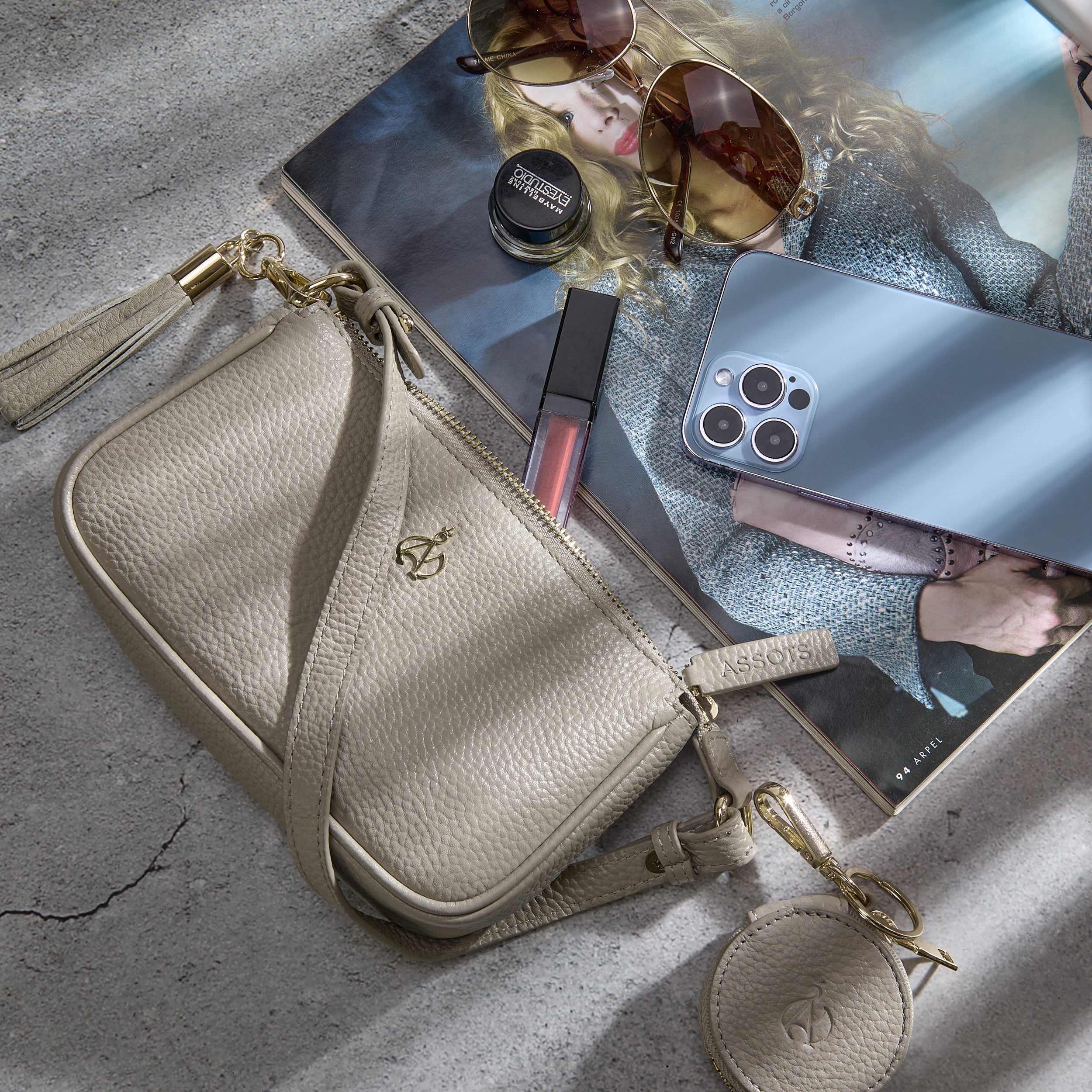 'ROSE' Fog Grey Pebble Grain Real Leather Shoulder Bag