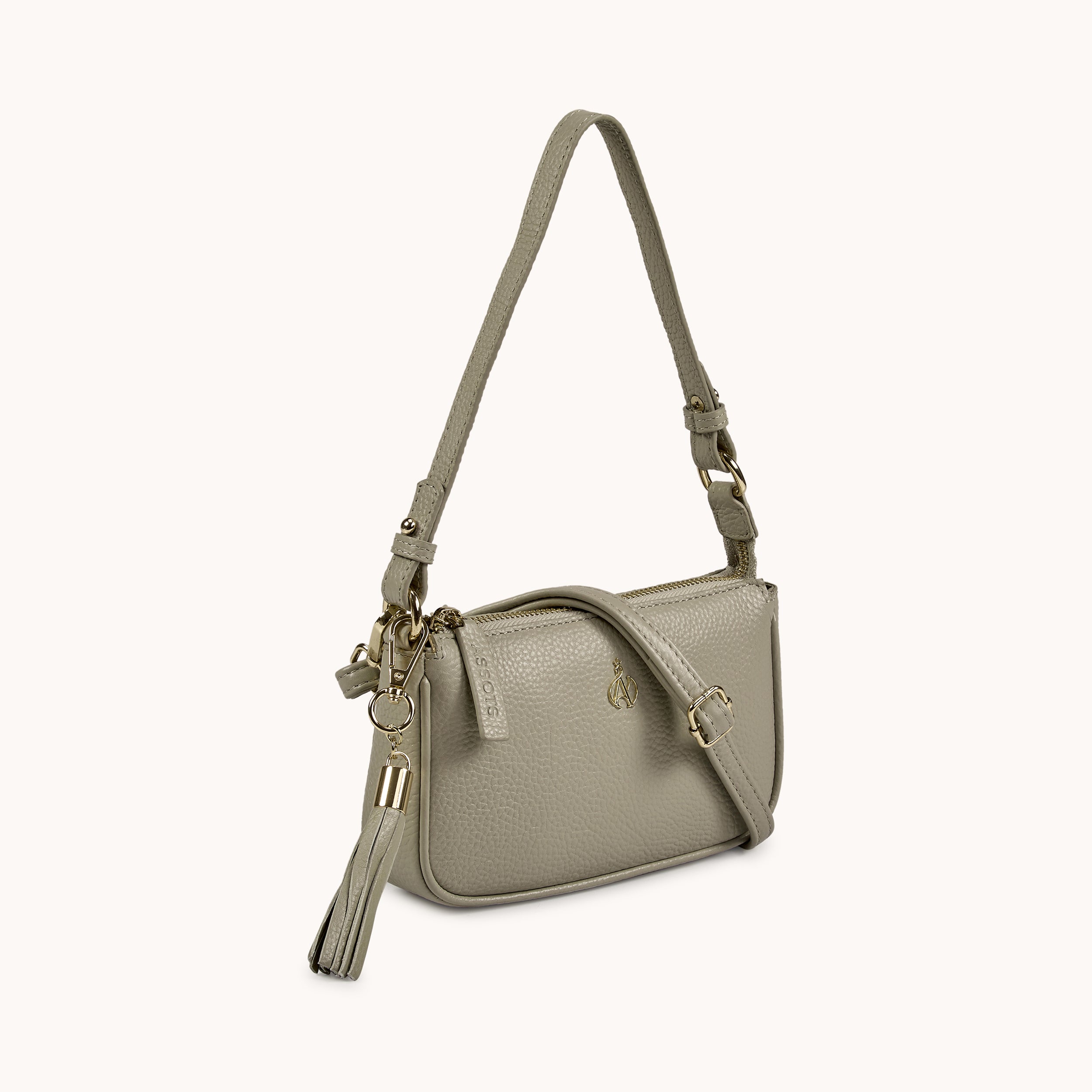 'ROSE' Fog Grey Pebble Grain Real Leather Shoulder Bag