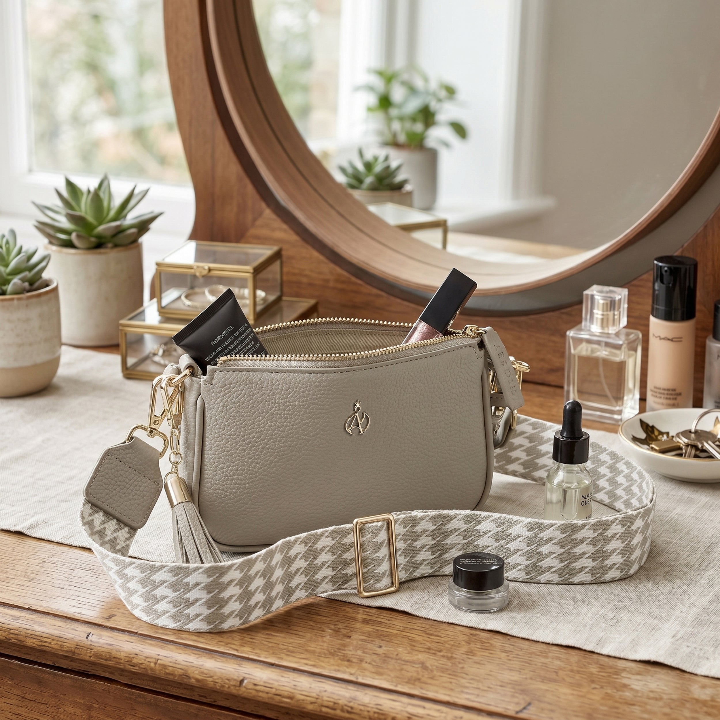 'ROSE' Fog Grey Pebble Grain Real Leather Shoulder Bag
