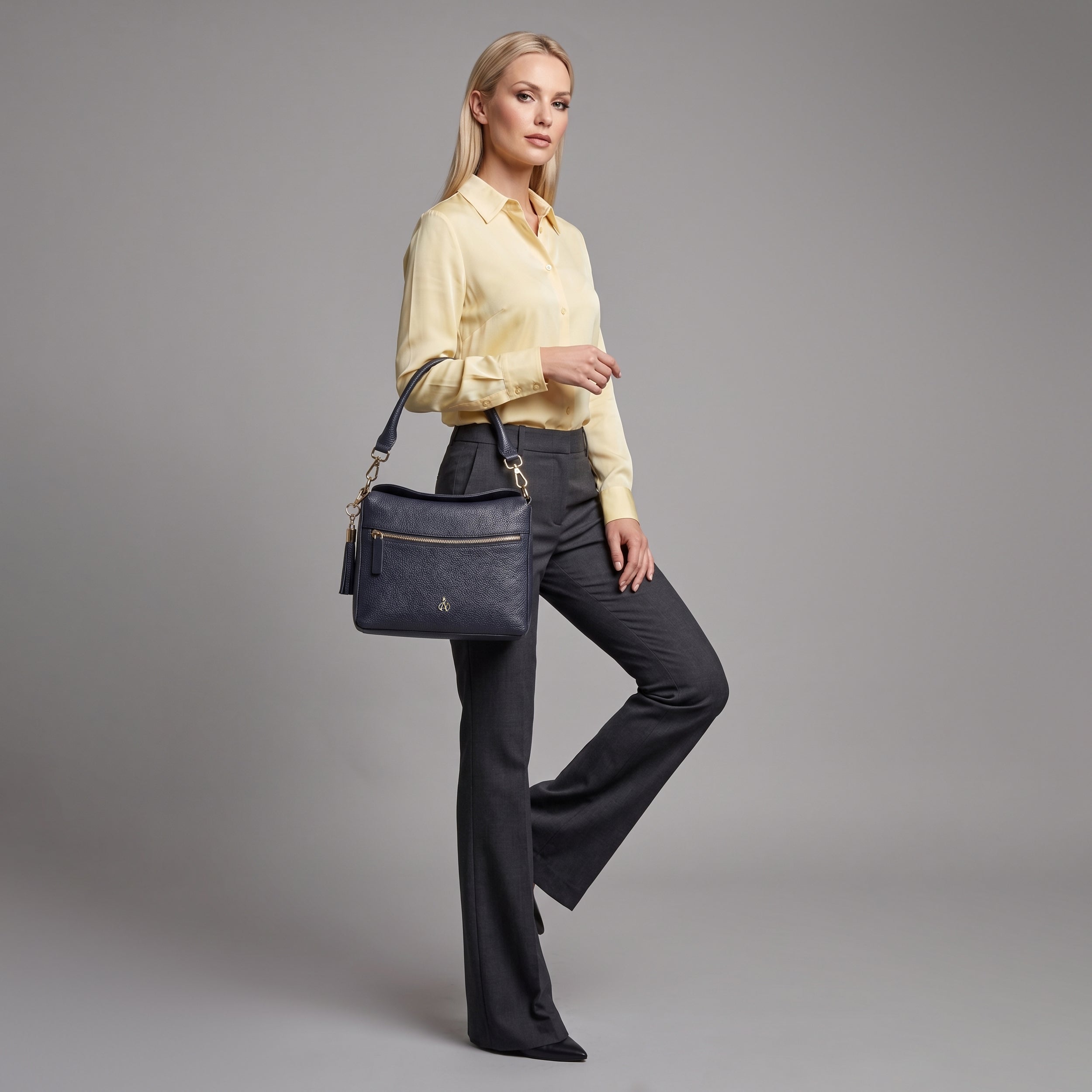 'FIONA' Navy Pebble Grain Real Leather Shoulder Bag