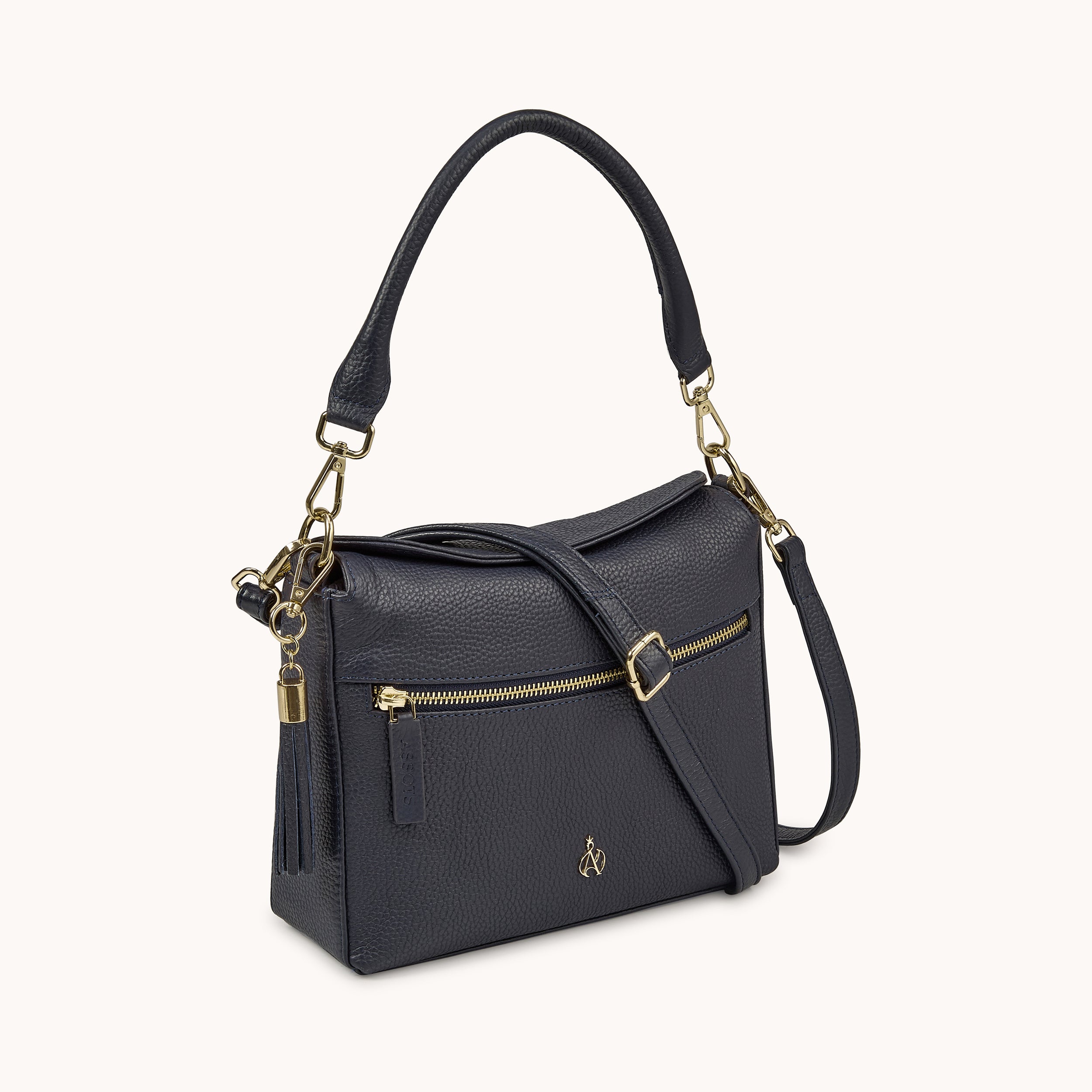 'FIONA' Navy Pebble Grain Real Leather Shoulder Bag