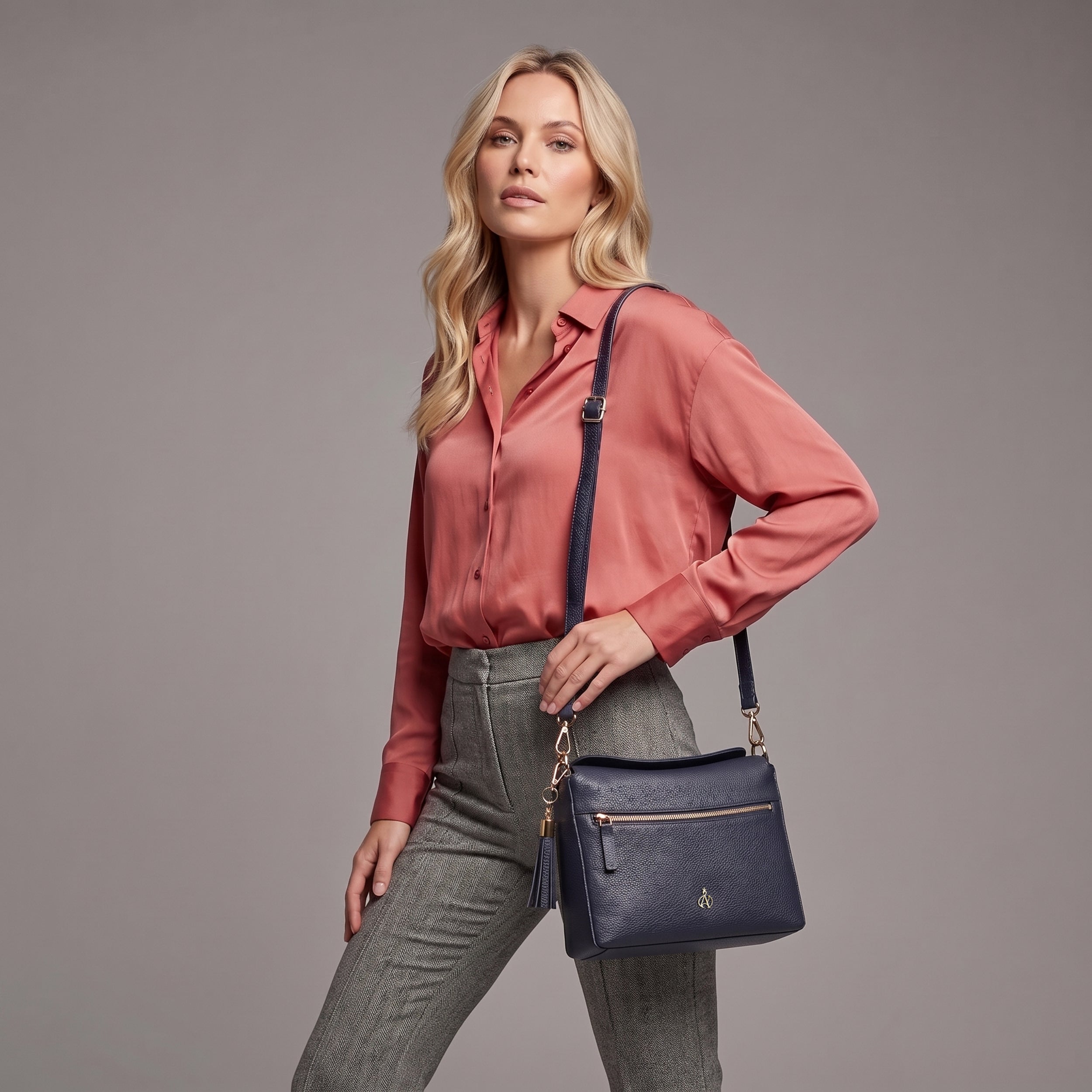 'FIONA' Navy Pebble Grain Real Leather Shoulder Bag