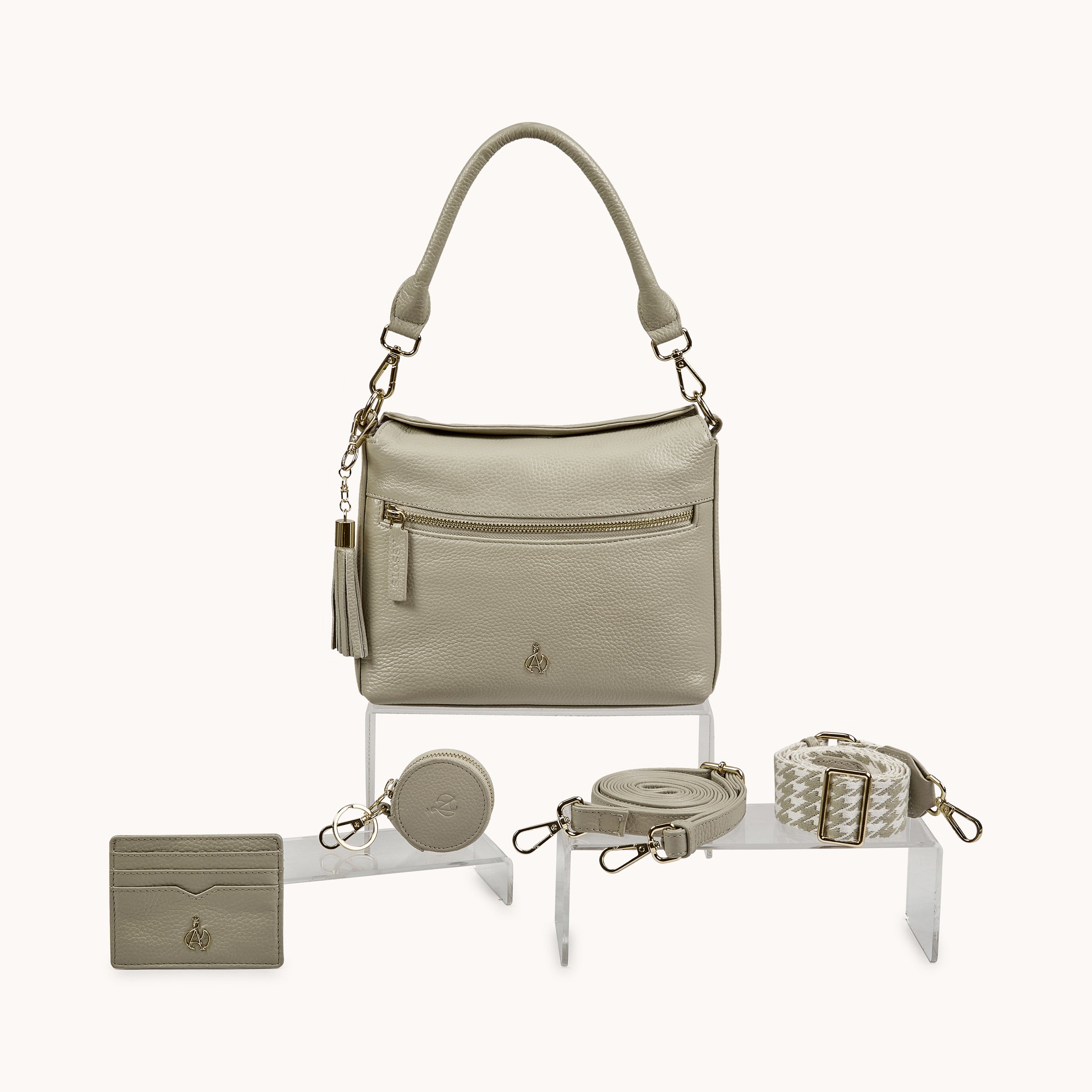 'FIONA' Fog Grey Pebble Grain Real Leather Shoulder Bag