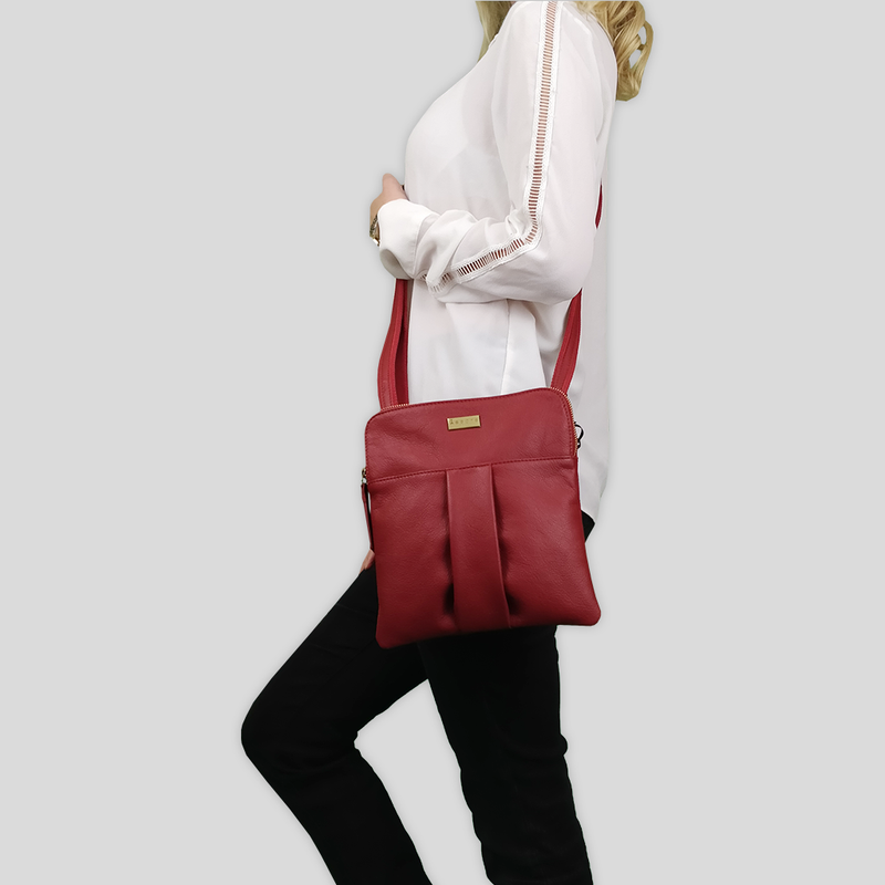 'ELSIE' Paprika Red Pebble Grain Leather Zip Top Crossbody Bag