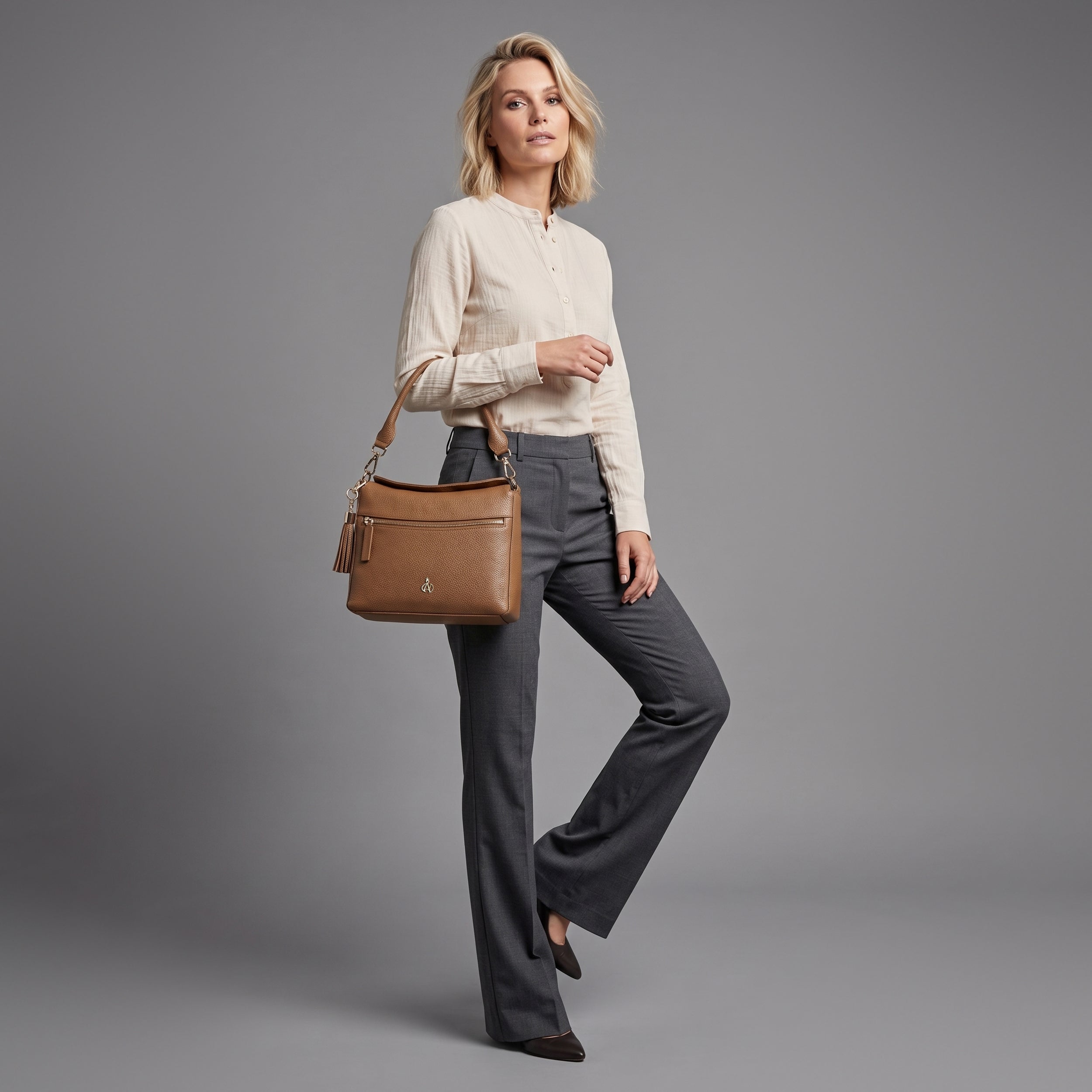 'FIONA' Tan Pebble Grain Real Leather Shoulder Bag
