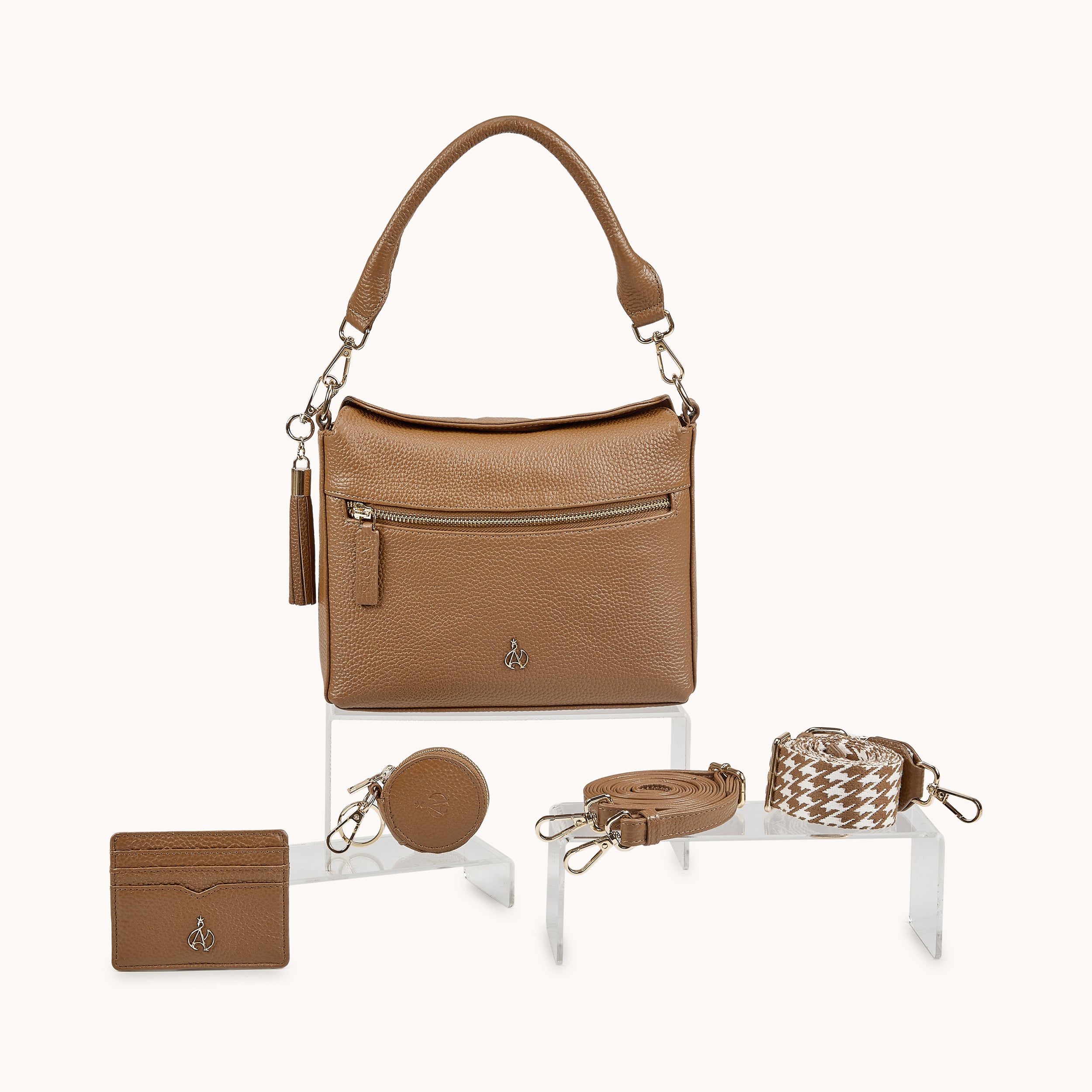 'FIONA' Tan Pebble Grain Real Leather Shoulder Bag