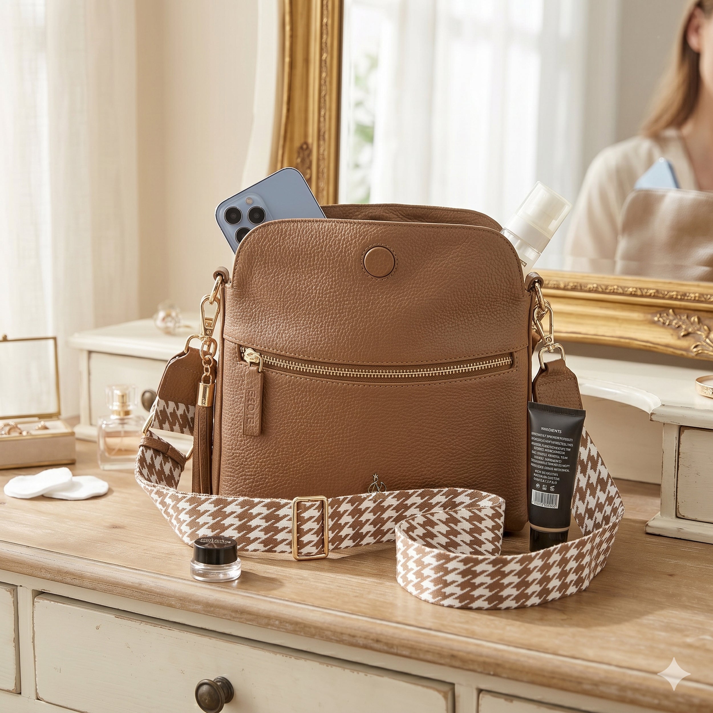 'FIONA' Tan Pebble Grain Real Leather Shoulder Bag