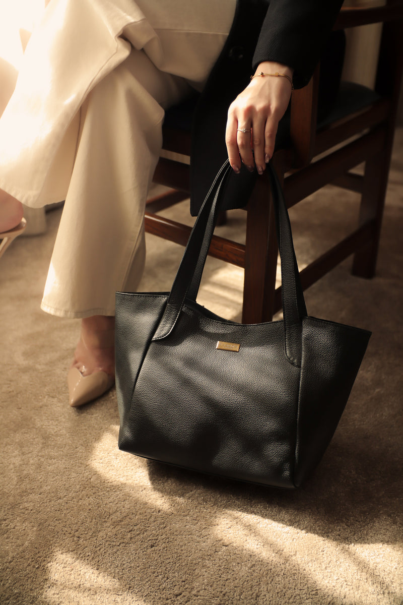 'URBAN TOTE' Black Pebble Grain Real Leather Work Tote Bag