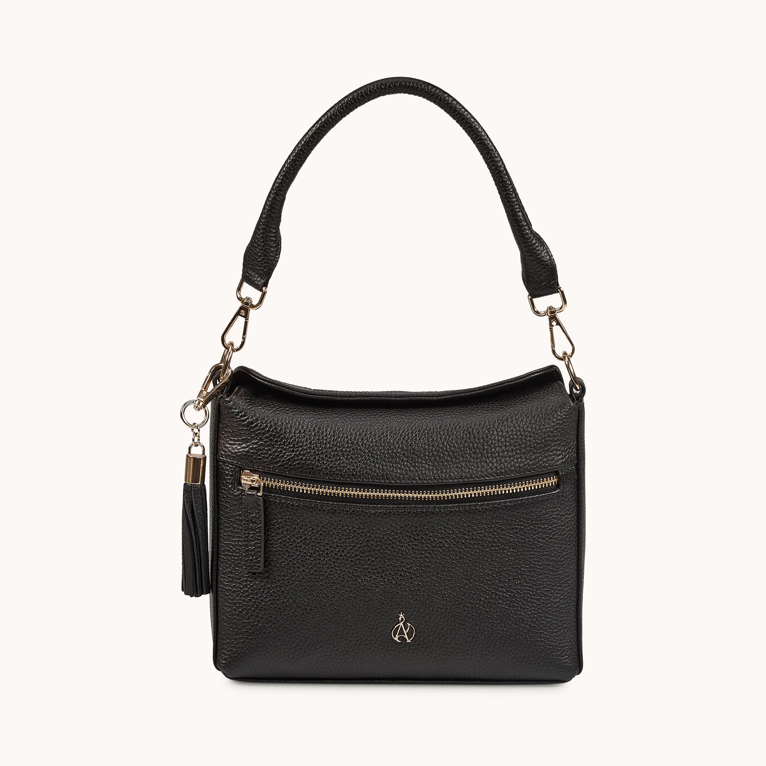 'FIONA' Black Pebble Grain Real Leather Shoulder Bag